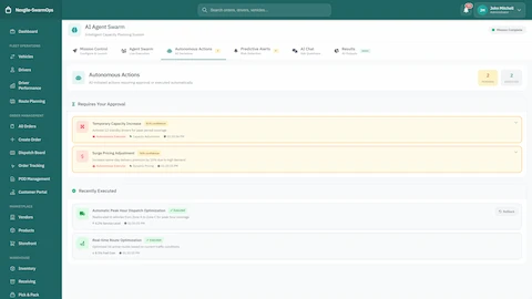 Illustrative preview (sample data, not verified outcomes): Autonomous Actions - Actions requiring human approval with confidence scores, and recently executed automated actions with rollback capability