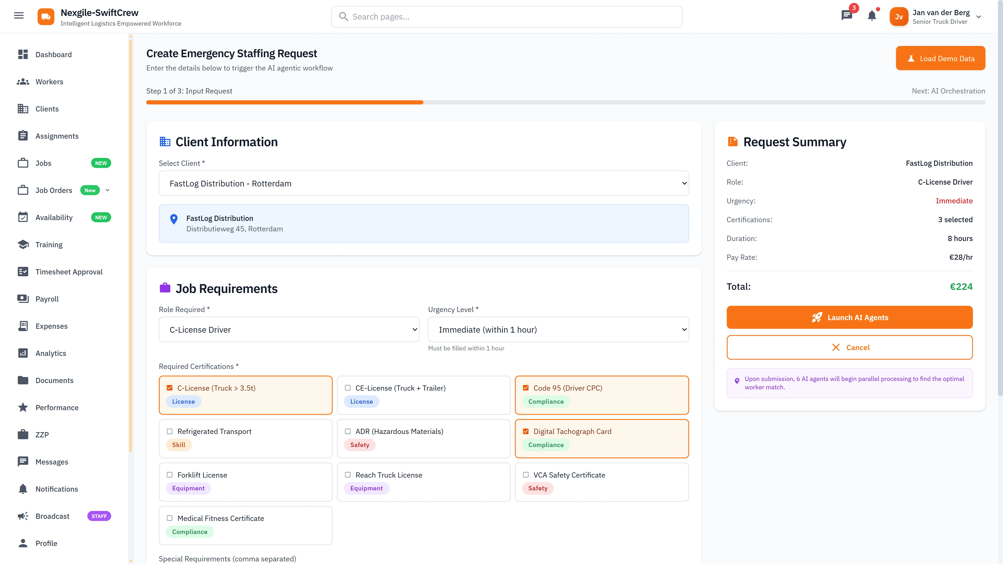 Illustrative preview (sample data, not verified outcomes): Create Emergency Staffing Request - Client info, job requirements, certification selection, and cost estimation
