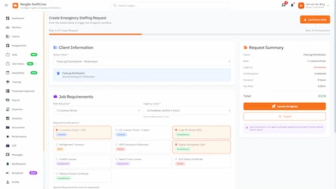 Illustrative preview (sample data, not verified outcomes): Create Emergency Staffing Request - Client info, job requirements, certification selection, and cost estimation