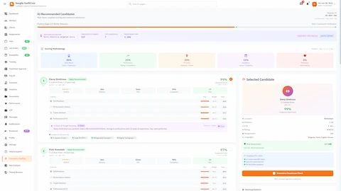 Illustrative preview (sample data, not verified outcomes): AI-Recommended Candidates - Weighted scoring breakdown, ranked profiles with skill scores, and match explanations