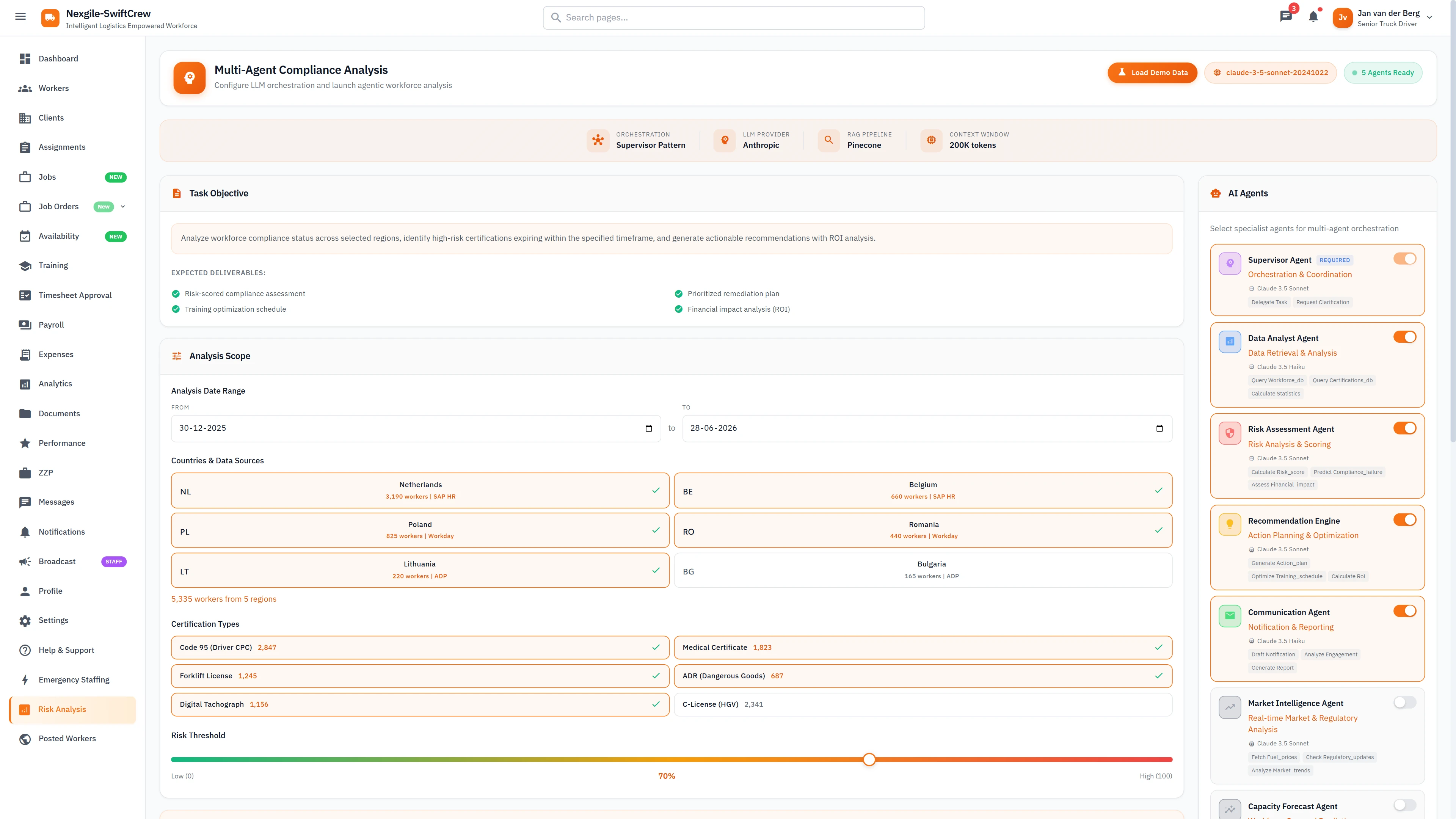 Illustrative preview (sample data, not verified outcomes): Multi-Agent Compliance Analysis Setup - Audit workflow configuration, data filters, certification types, and risk thresholds