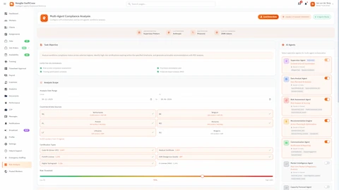 Illustrative preview (sample data, not verified outcomes): Multi-Agent Compliance Analysis Setup - Audit workflow configuration, data filters, certification types, and risk thresholds