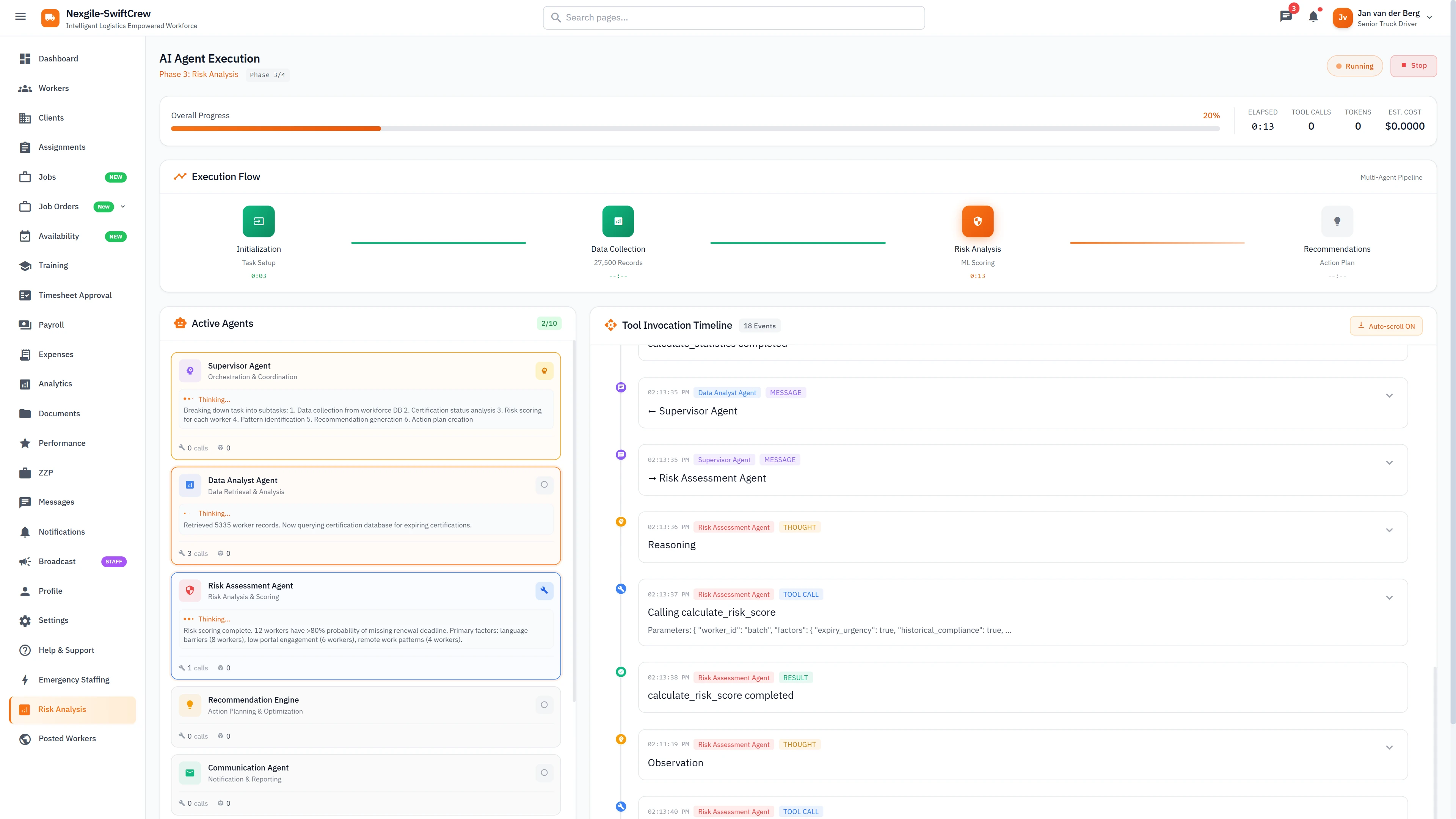Illustrative preview (sample data, not verified outcomes): AI Agent Execution Flow - Pipeline stages, active agents panel, and tool invocation timeline with LLM reasoning