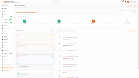 Illustrative preview (sample data, not verified outcomes): AI Agent Execution Flow - Pipeline stages, active agents panel, and tool invocation timeline with LLM reasoning