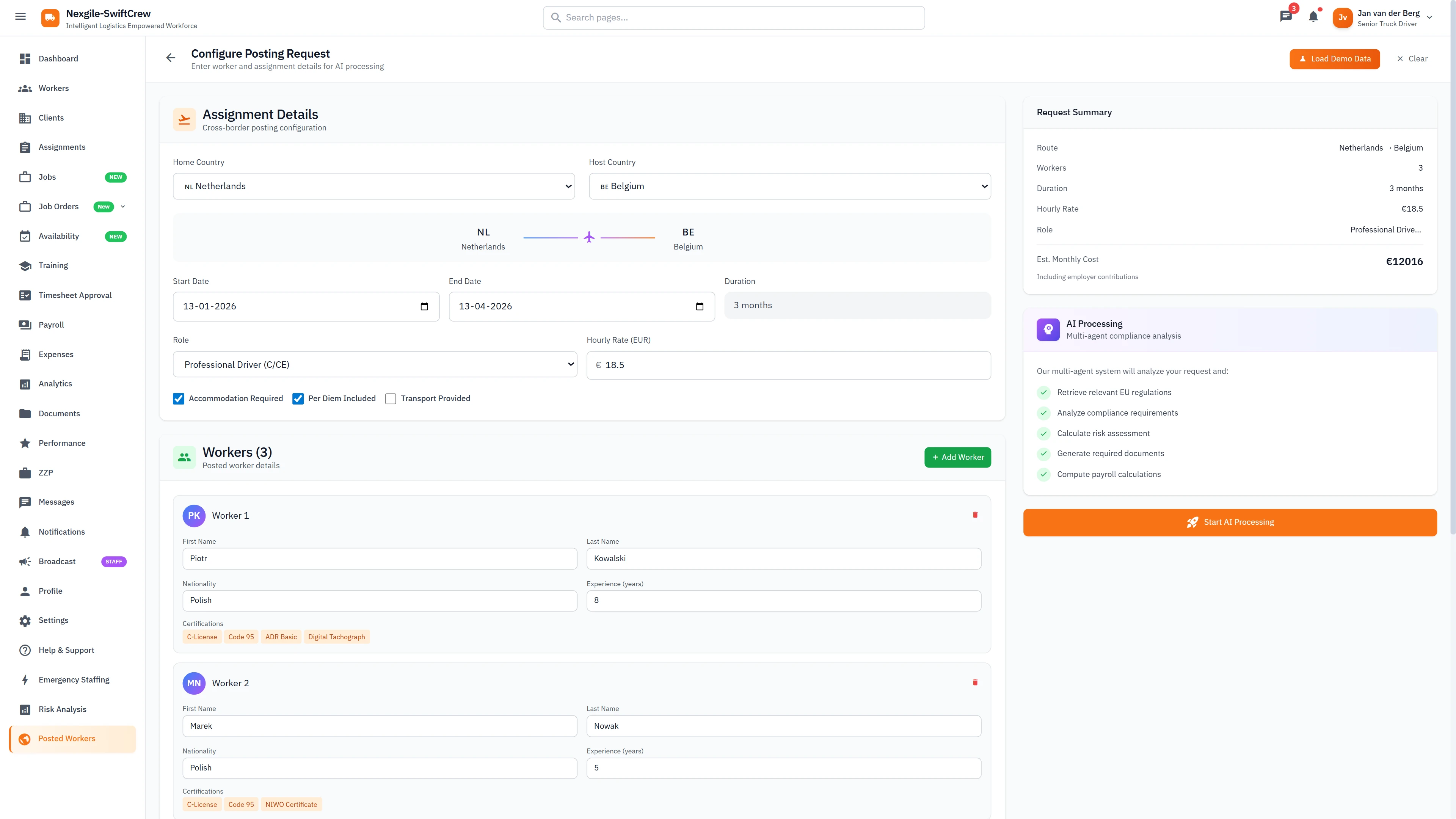 Illustrative preview (sample data, not verified outcomes): Configure Posting Request - Cross-border assignment setup with country routing, worker details, and cost estimation