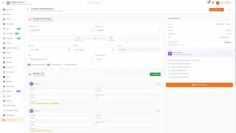 Illustrative preview (sample data, not verified outcomes): Configure Posting Request - Cross-border assignment setup with country routing, worker details, and cost estimation