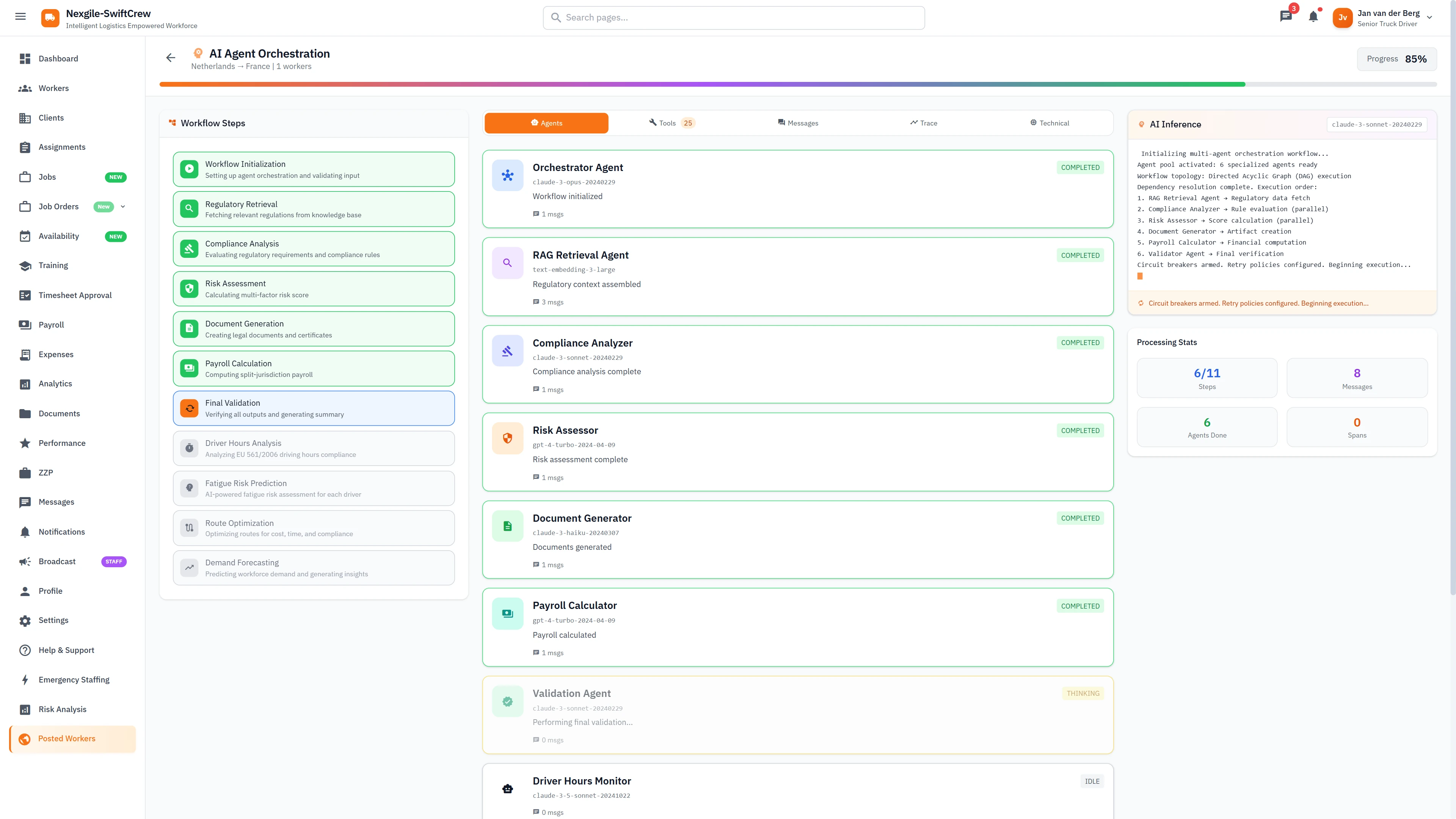 Illustrative preview (sample data, not verified outcomes): AI Agent Orchestration - 12 specialized agents workflow with progress tracking and real-time inference outputs