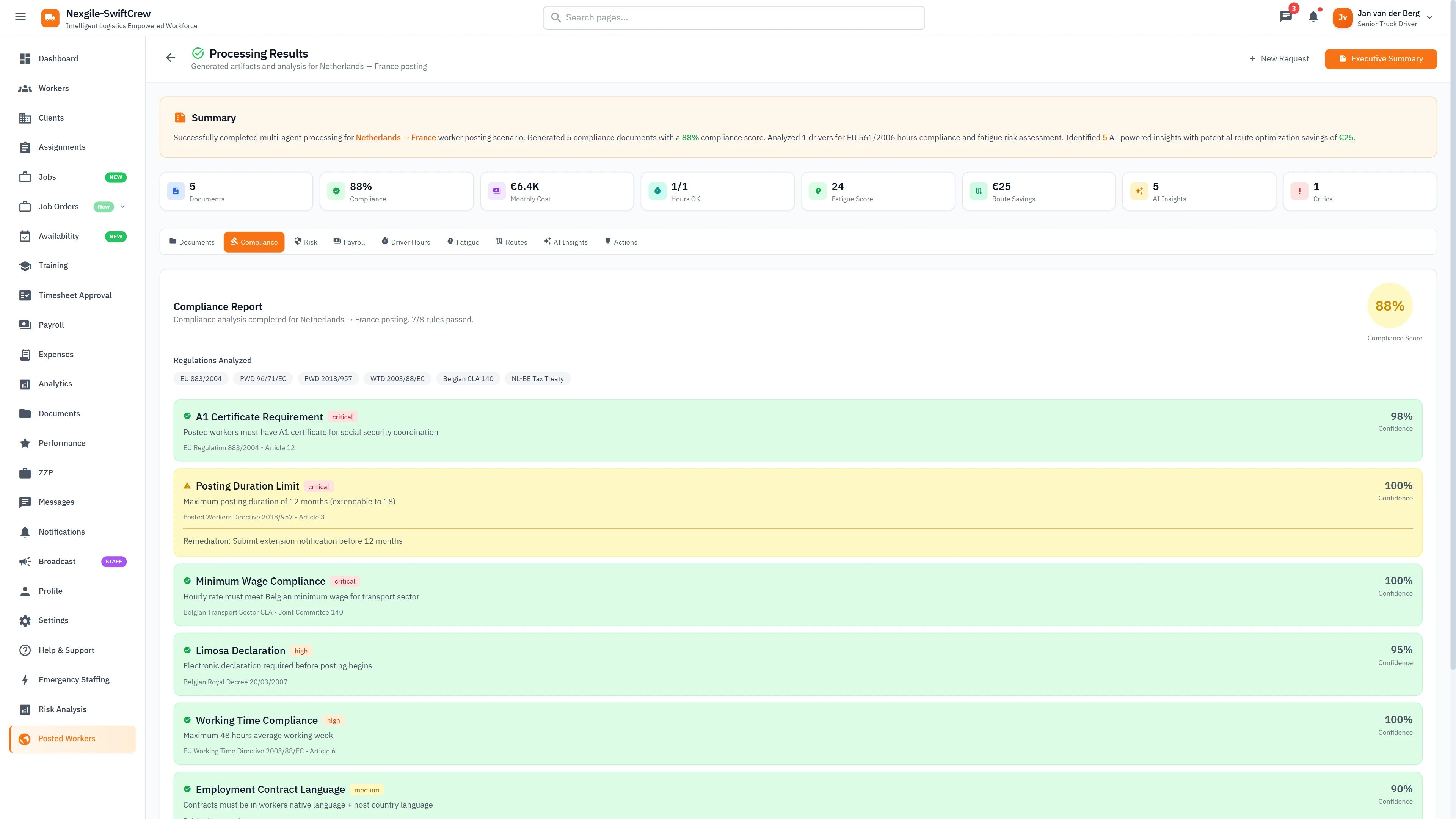 Illustrative preview (sample data, not verified outcomes): Compliance Report - Regulation analysis with pass/fail status, compliance scores, and actionable recommendations