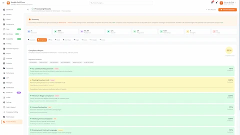 Illustrative preview (sample data, not verified outcomes): Compliance Report - Regulation analysis with pass/fail status, compliance scores, and actionable recommendations