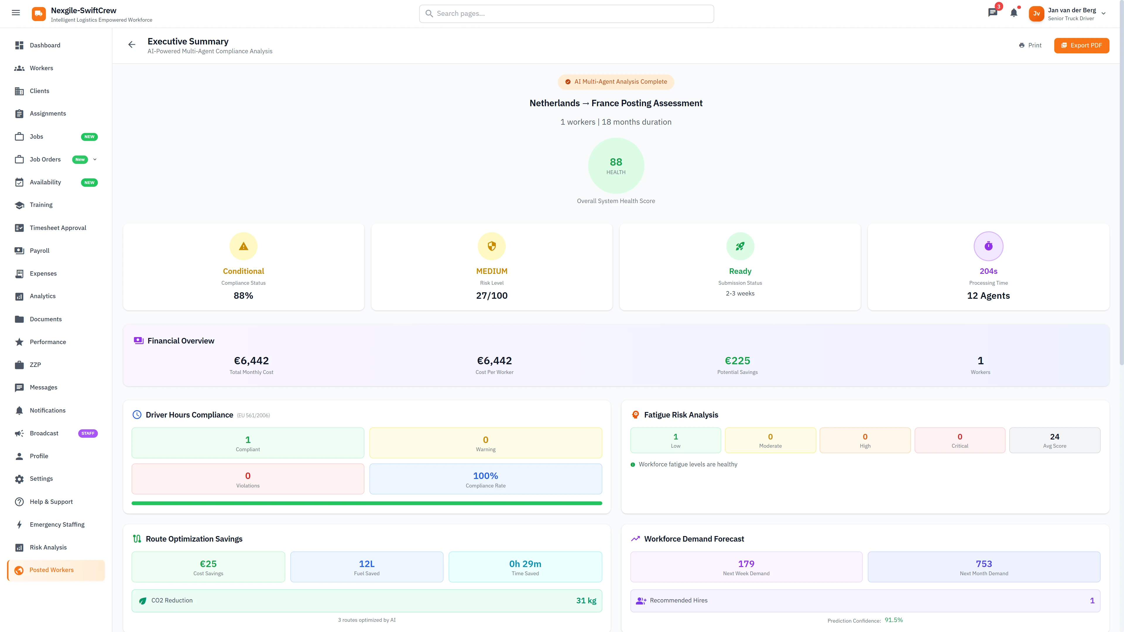 Illustrative preview (sample data, not verified outcomes): Executive Summary - Health score, financial overview, driver compliance, route savings, and demand forecast