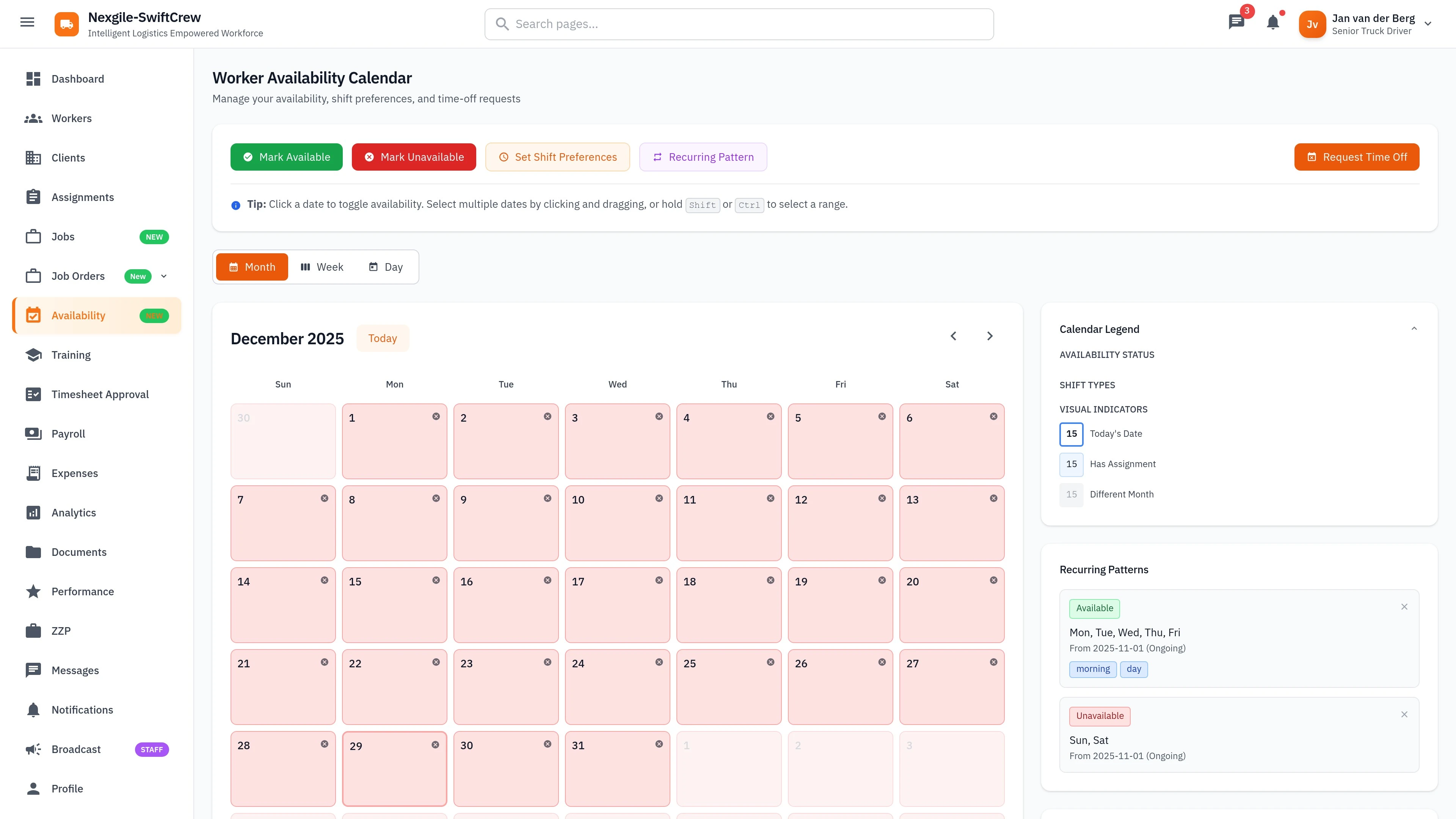 Illustrative preview (sample data, not verified outcomes): Worker Availability Calendar - Interactive scheduling interface for flex workers to set their availability