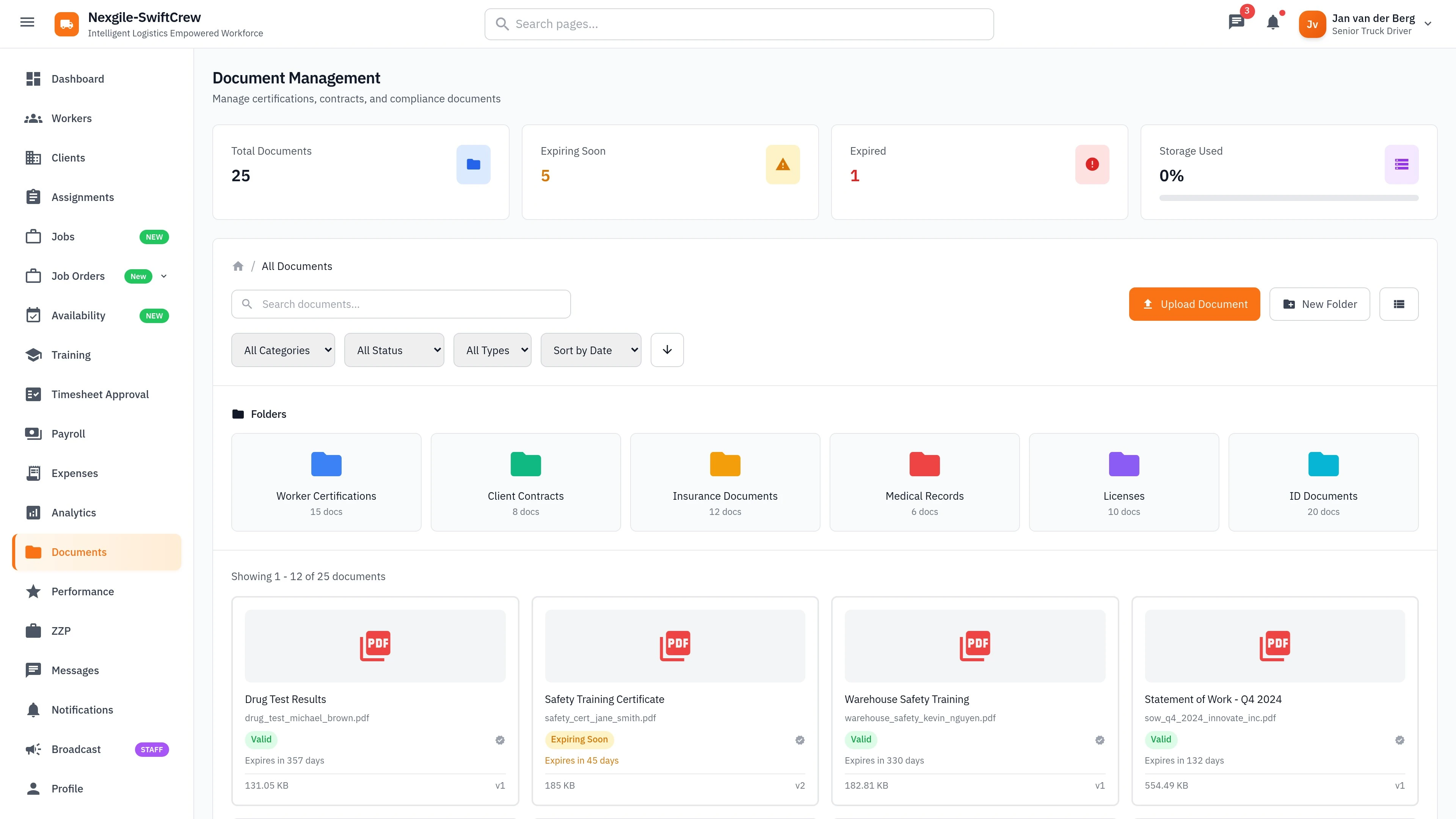 Illustrative preview (sample data, not verified outcomes): Documents page - Document management and compliance tracking interface