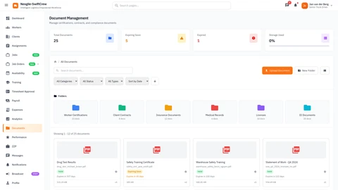 Illustrative preview (sample data, not verified outcomes): Documents page - Document management and compliance tracking interface