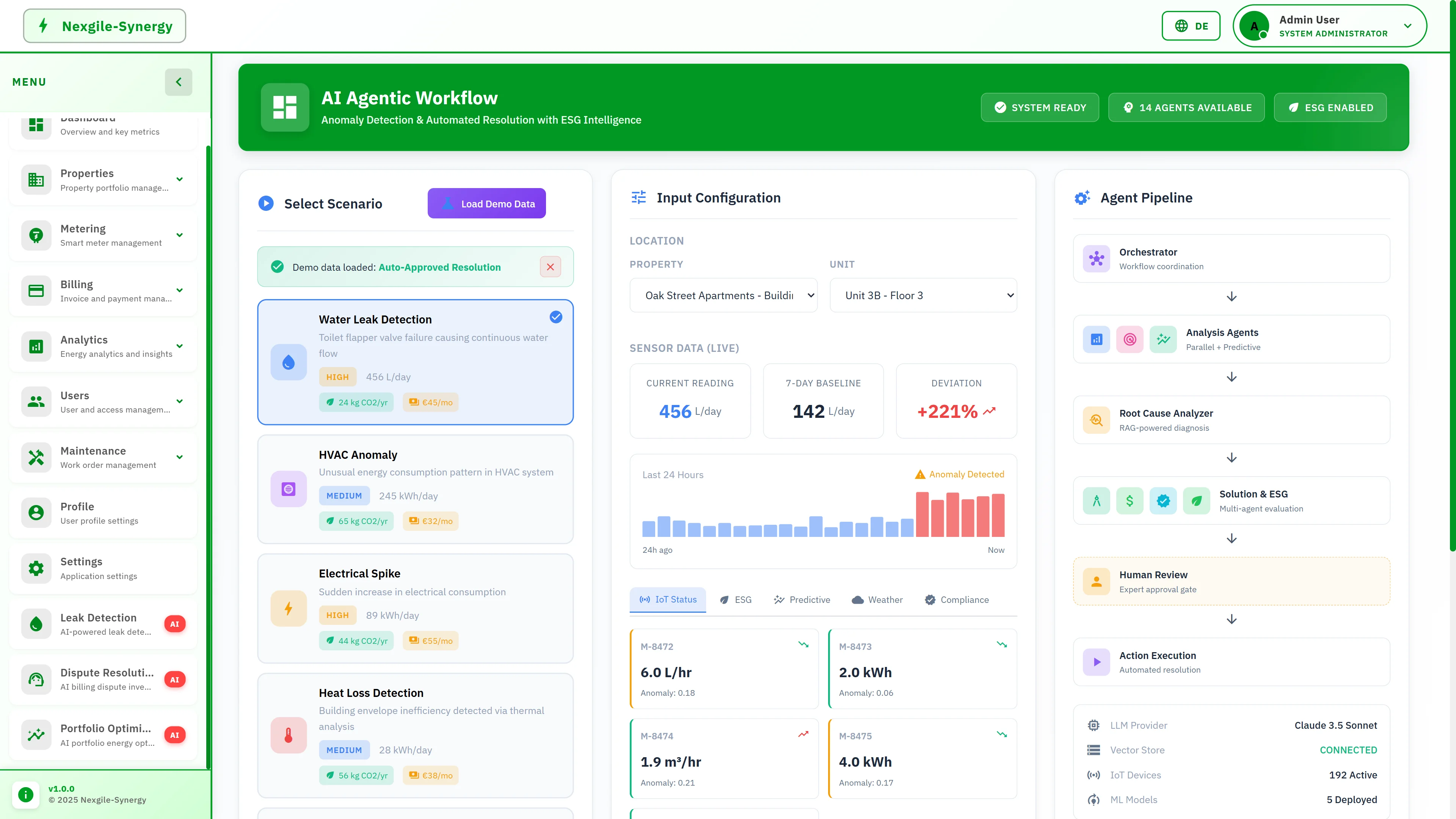 Illustrative preview (sample data, not verified outcomes): AI Agentic Workflow dashboard with scenario selection for anomaly types, live IoT sensor data showing consumption deviation, input configuration, and 14-agent pipeline visualization.