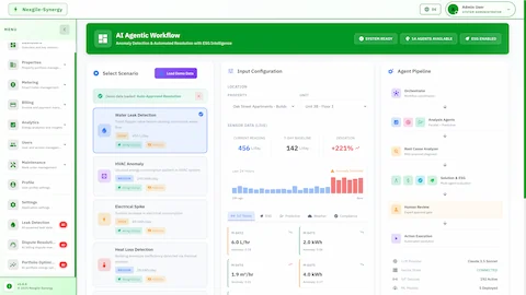 Illustrative preview (sample data, not verified outcomes): AI Agentic Workflow dashboard with scenario selection for anomaly types, live IoT sensor data showing consumption deviation, input configuration, and 14-agent pipeline visualization.