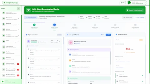 Illustrative preview (sample data, not verified outcomes): Multi-Agent Orchestration Monitor displaying 6-stage workflow progress, real-time agent reasoning chain with observation-thought-action-result steps, and live anomaly detector processing.