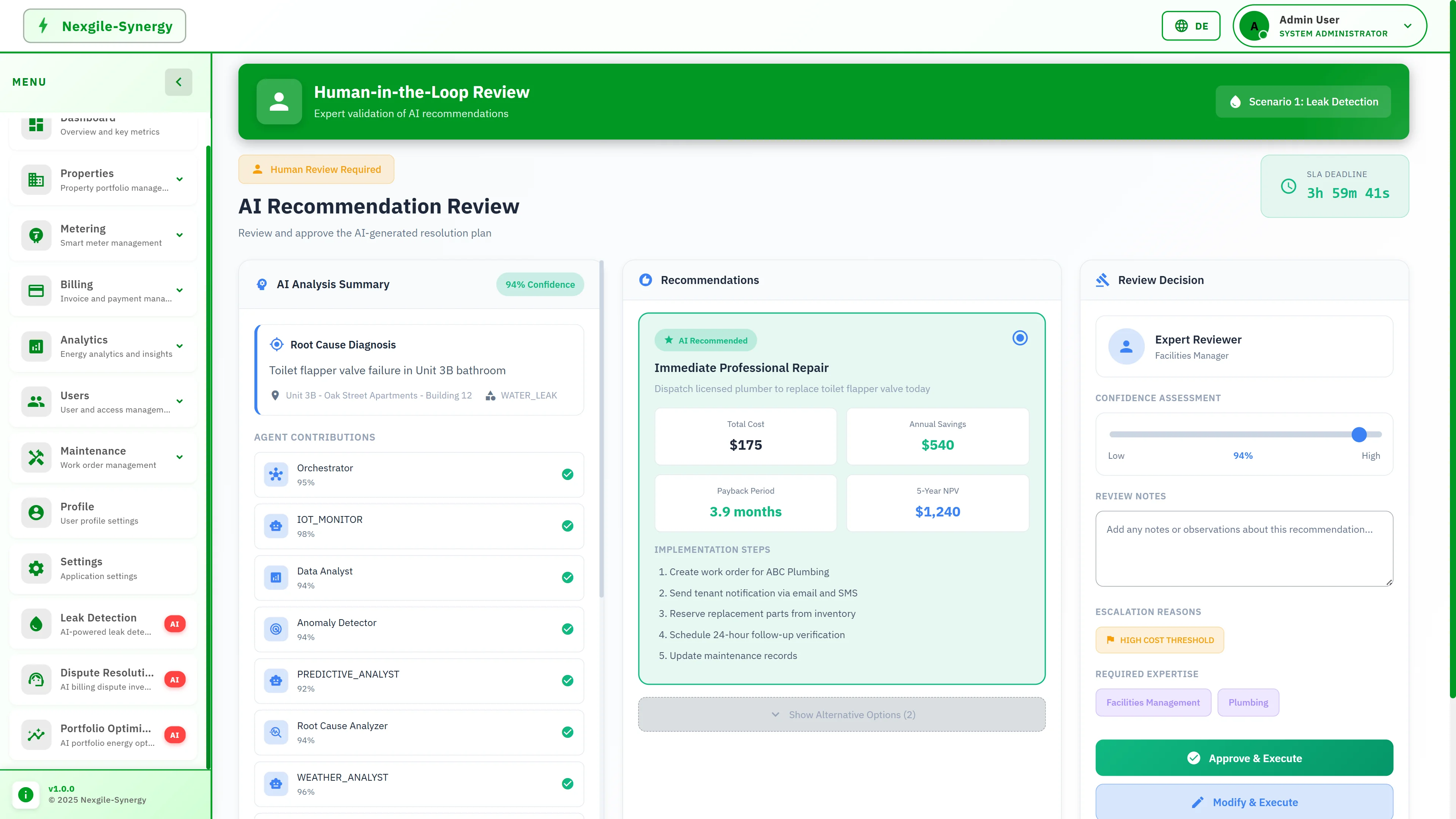 Illustrative preview (sample data, not verified outcomes): Human-in-the-Loop Review interface showing AI analysis summary with 94% confidence, root cause diagnosis, agent contributions, and recommended repair with ROI calculations.