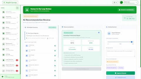 Illustrative preview (sample data, not verified outcomes): Human-in-the-Loop Review interface showing AI analysis summary with 94% confidence, root cause diagnosis, agent contributions, and recommended repair with ROI calculations.