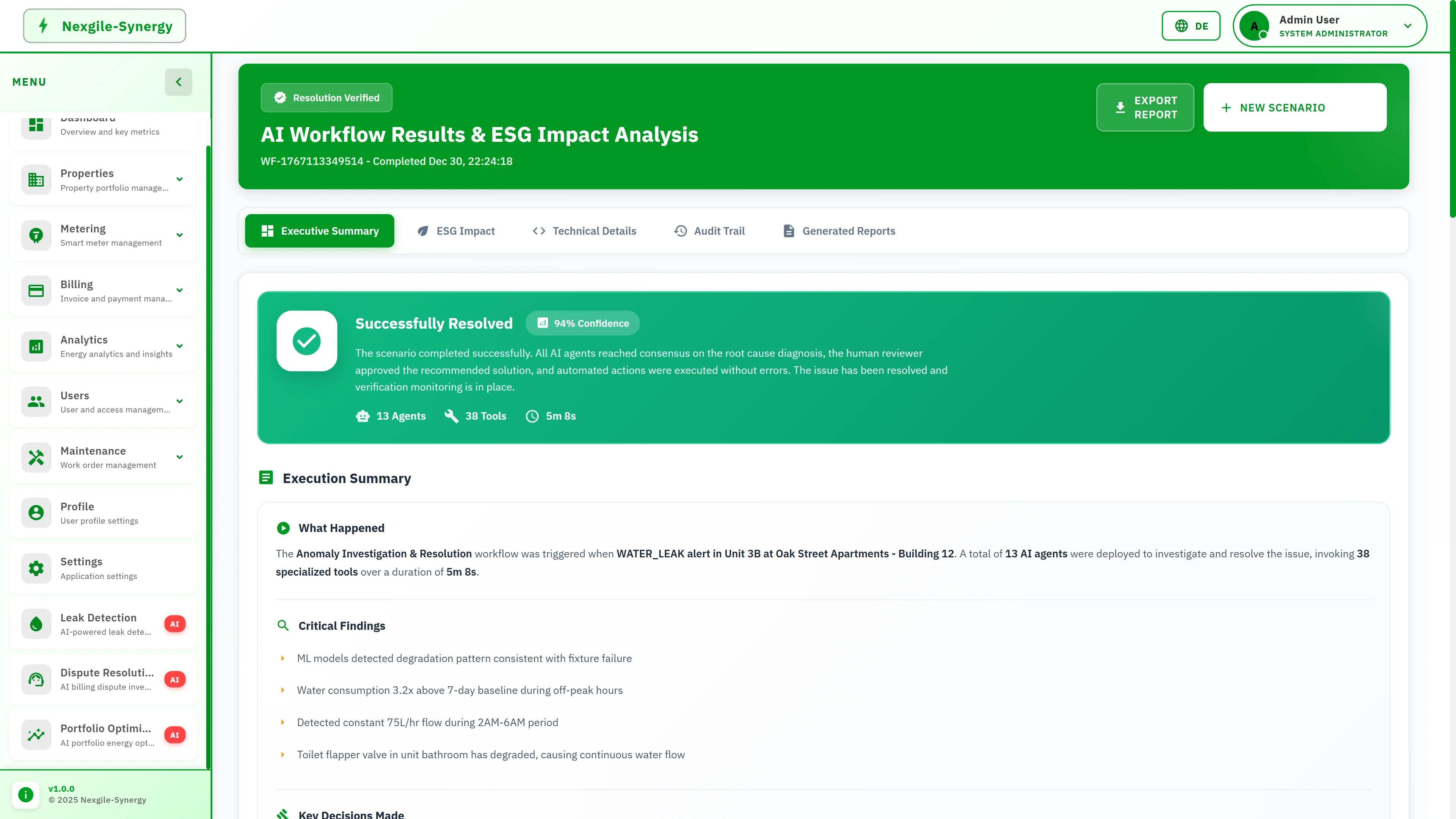 Illustrative preview (sample data, not verified outcomes): AI Workflow Results and ESG Impact Analysis showing successful resolution with 13 agents, 38 tools executed in 5 minutes, critical findings, and execution summary.