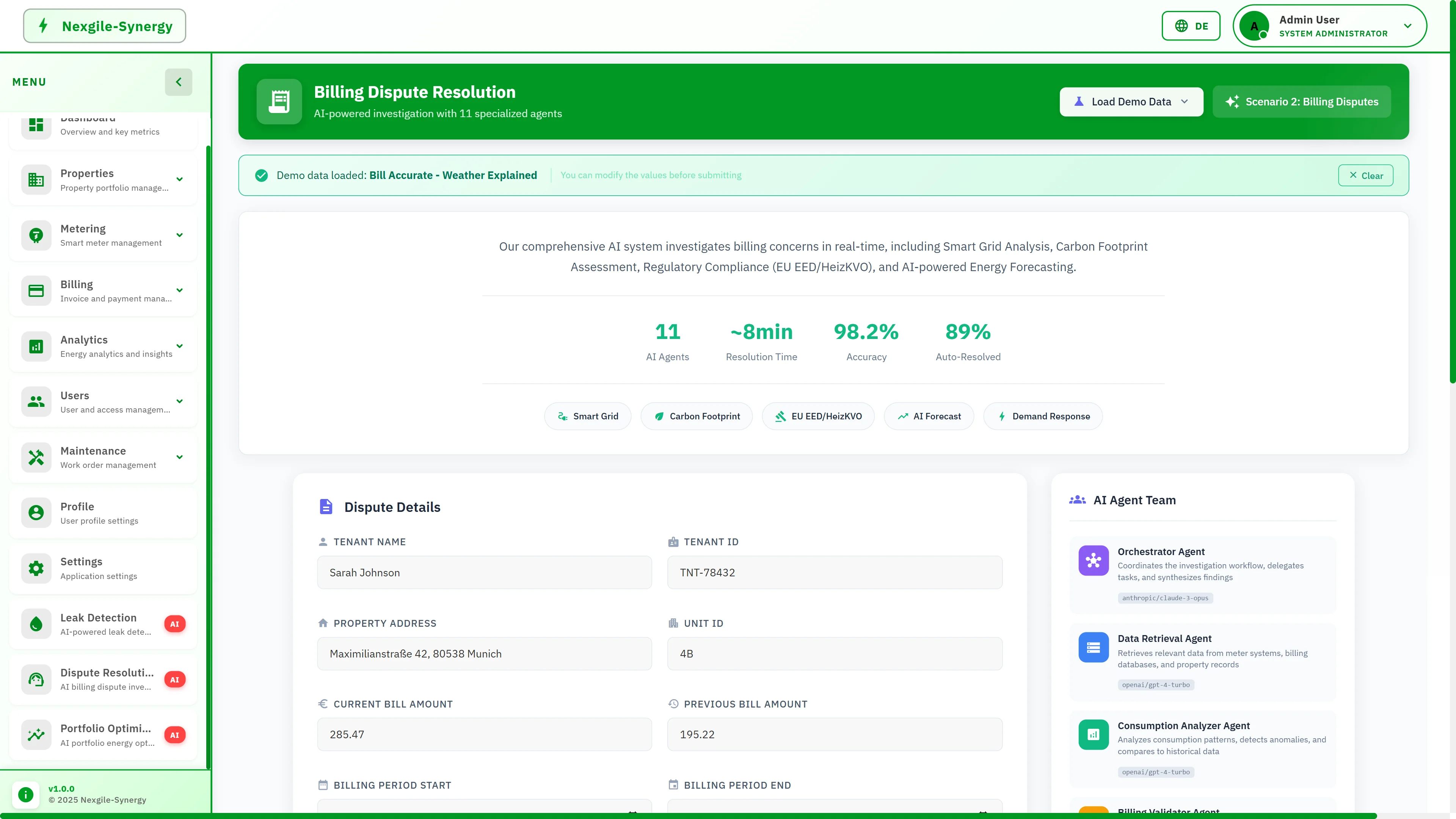 Illustrative preview (sample data, not verified outcomes): Billing Dispute Resolution interface showing 11 AI agents with ~8min resolution time, 98.2% accuracy metrics, dispute details form, and AI agent team panel with specialized roles.