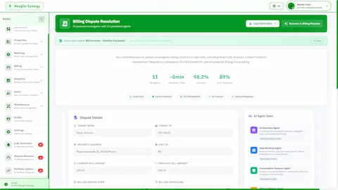 Illustrative preview (sample data, not verified outcomes): Billing Dispute Resolution interface showing 11 AI agents with ~8min resolution time, 98.2% accuracy metrics, dispute details form, and AI agent team panel with specialized roles.