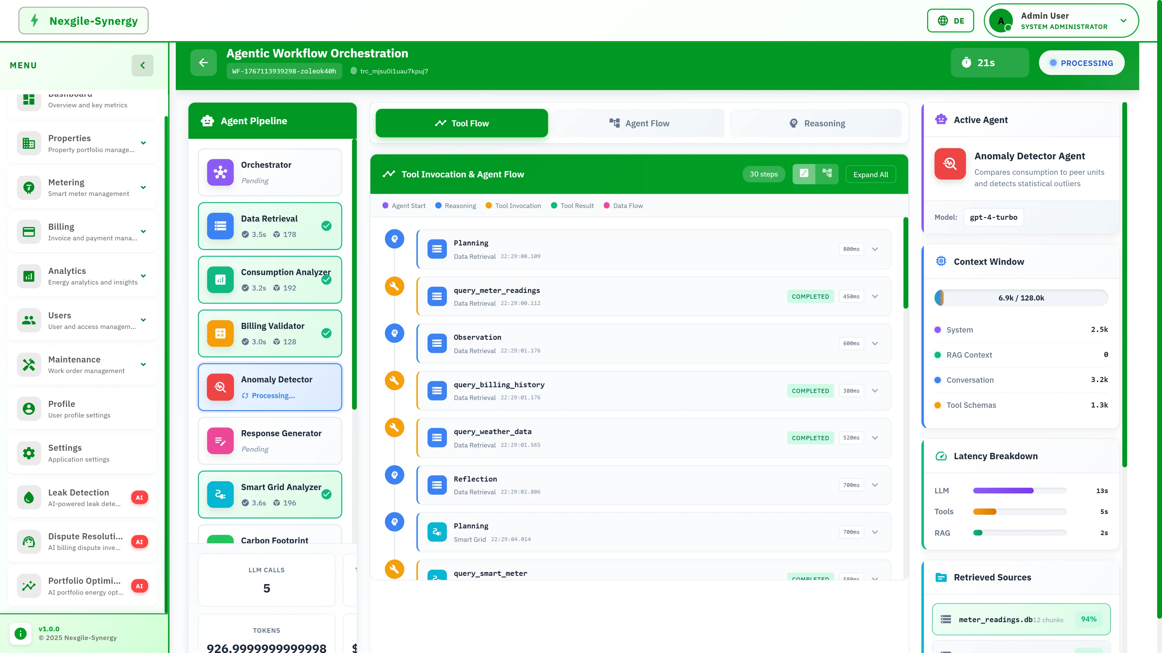 Illustrative preview (sample data, not verified outcomes): Agentic Workflow Orchestration view displaying agent pipeline status, 30-step tool invocation flow, active Anomaly Detector agent with context window usage and latency breakdown.