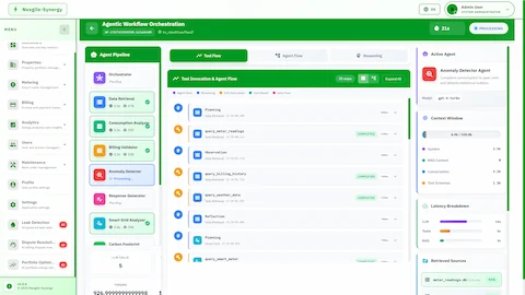 Illustrative preview (sample data, not verified outcomes): Agentic Workflow Orchestration view displaying agent pipeline status, 30-step tool invocation flow, active Anomaly Detector agent with context window usage and latency breakdown.