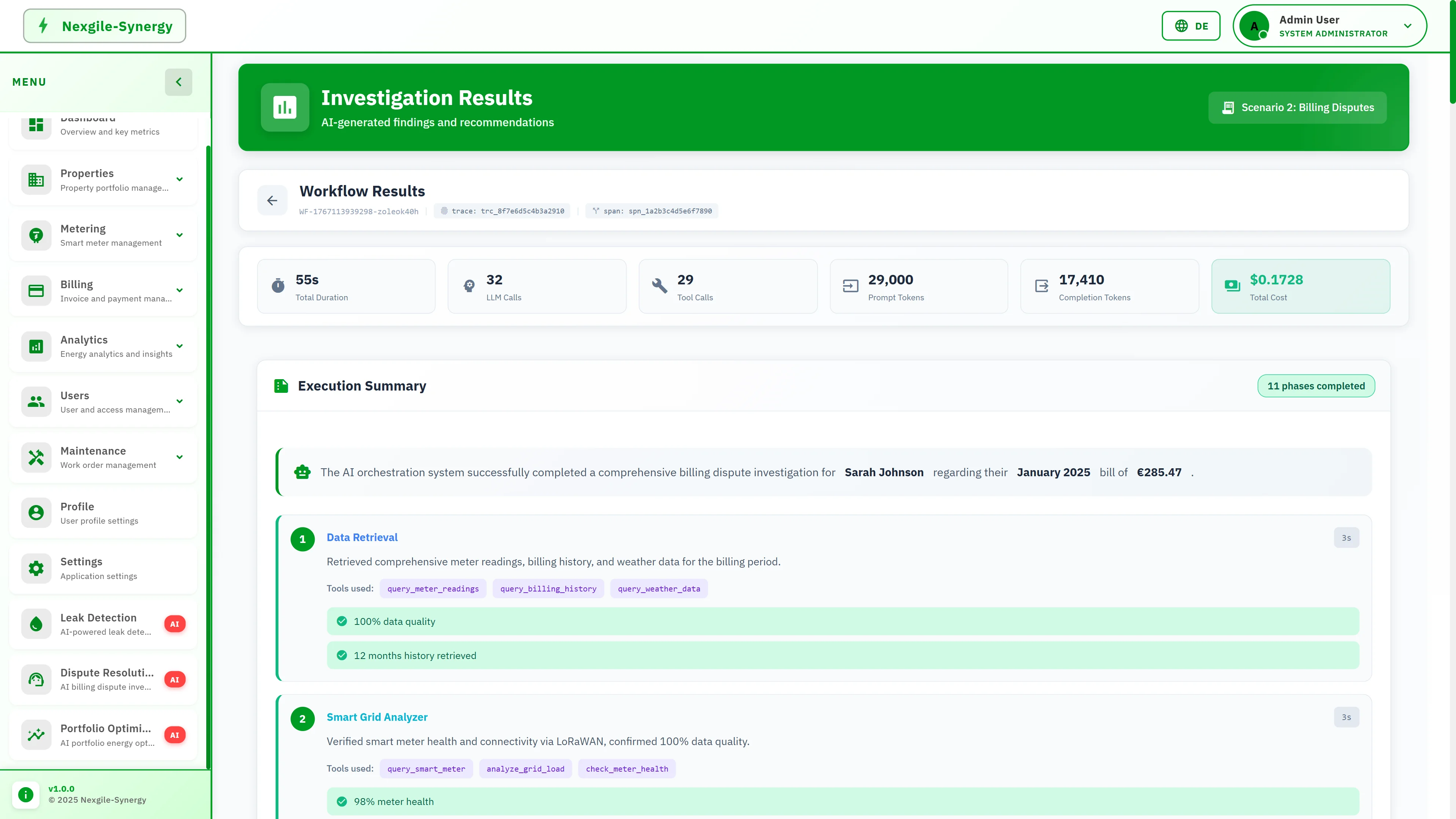 Illustrative preview (sample data, not verified outcomes): Investigation Results dashboard showing workflow metrics with 55s duration, 32 LLM calls, $0.17 cost, 11 phases completed, and detailed execution steps for data retrieval and validation.