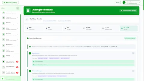 Illustrative preview (sample data, not verified outcomes): Investigation Results dashboard showing workflow metrics with 55s duration, 32 LLM calls, $0.17 cost, 11 phases completed, and detailed execution steps for data retrieval and validation.