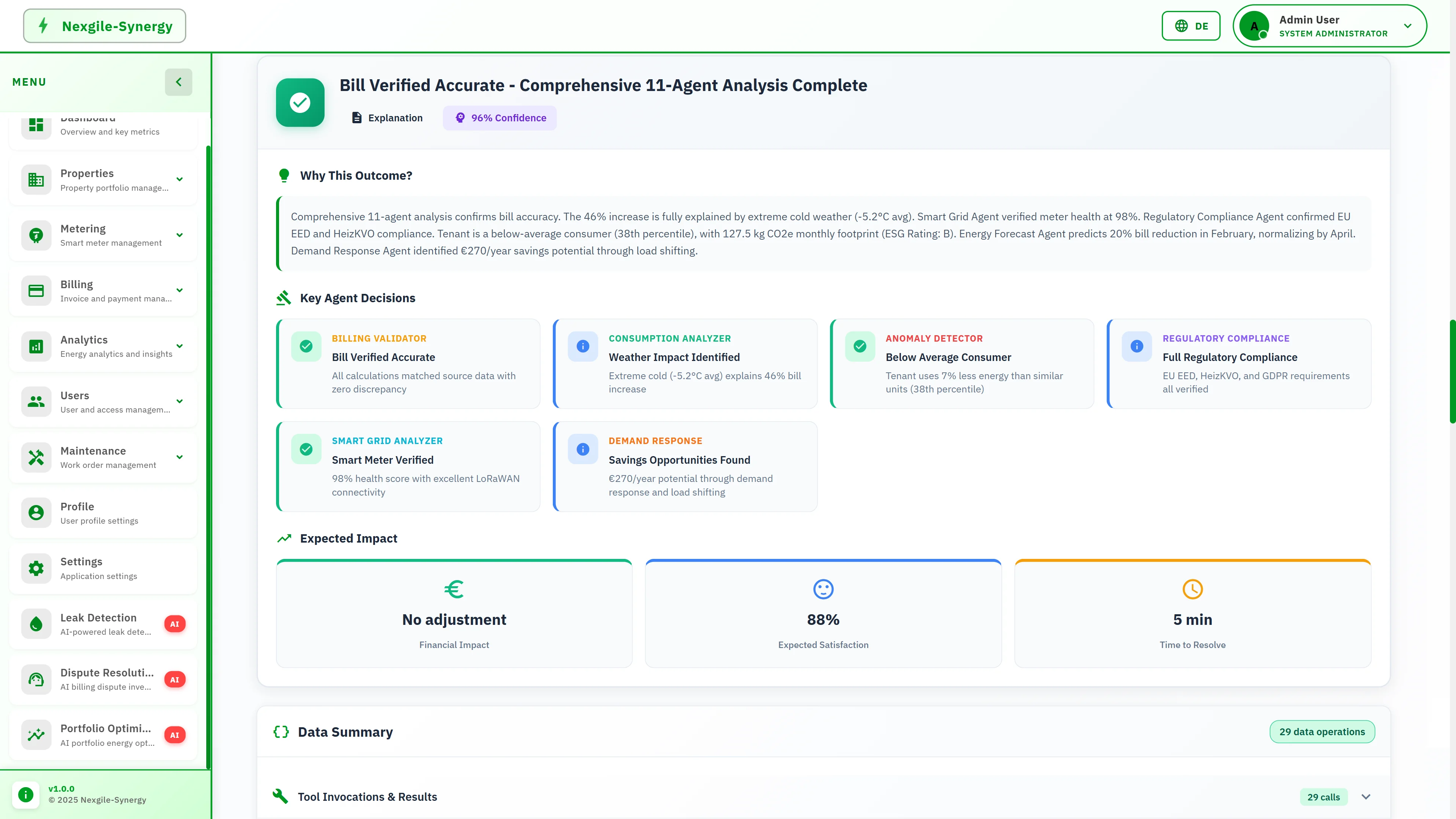 Illustrative preview (sample data, not verified outcomes): Bill Verified Accurate outcome with 96% confidence showing weather impact explanation, key agent decisions from all validators, and expected impact metrics including tenant satisfaction.