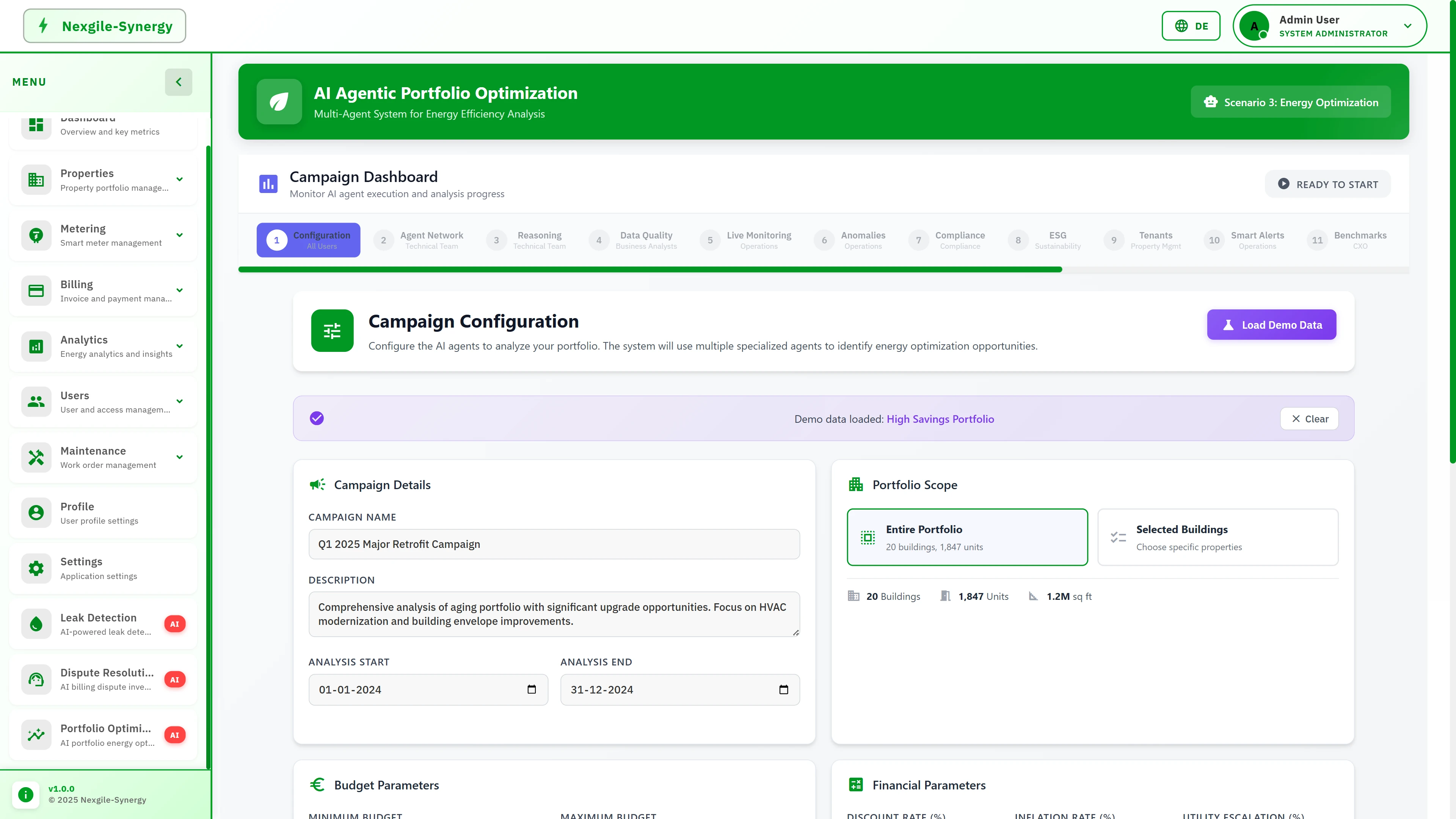Illustrative preview (sample data, not verified outcomes): Campaign Configuration dashboard showing 11-step workflow progress, Q1 2025 retrofit campaign details, portfolio scope with 20 buildings and 1,847 units, and budget parameters.
