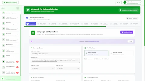 Illustrative preview (sample data, not verified outcomes): Campaign Configuration dashboard showing 11-step workflow progress, Q1 2025 retrofit campaign details, portfolio scope with 20 buildings and 1,847 units, and budget parameters.