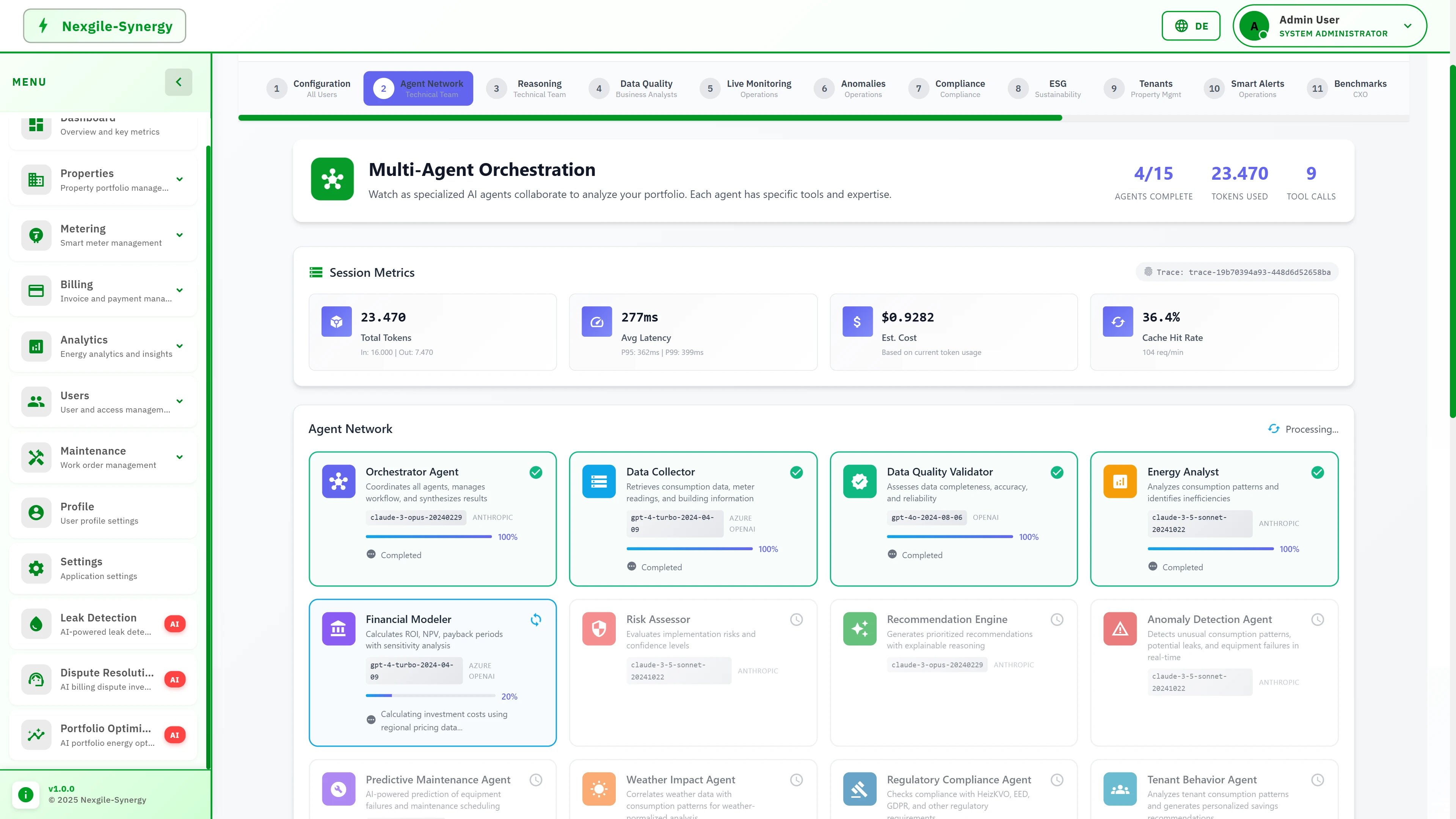 Illustrative preview (sample data, not verified outcomes): Multi-Agent Orchestration view displaying 15-agent network with session metrics, real-time agent status cards showing completion progress, token usage, and cost tracking.