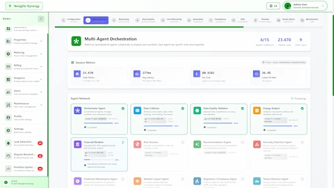 Illustrative preview (sample data, not verified outcomes): Multi-Agent Orchestration view displaying 15-agent network with session metrics, real-time agent status cards showing completion progress, token usage, and cost tracking.