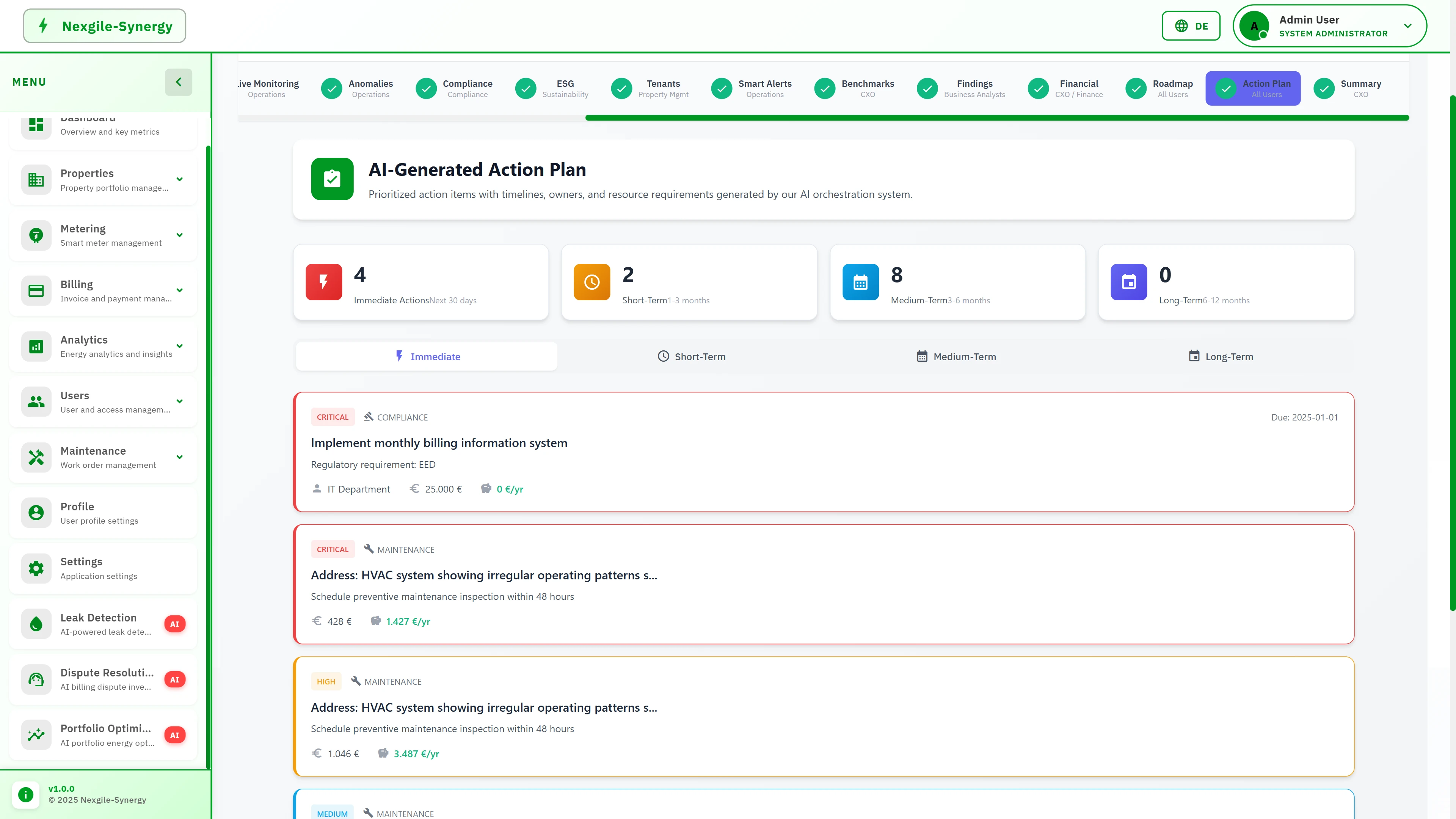 Illustrative preview (sample data, not verified outcomes): AI-Generated Action Plan showing prioritized recommendations across immediate, short-term, and medium-term timeframes with compliance and maintenance items including cost and savings estimates.