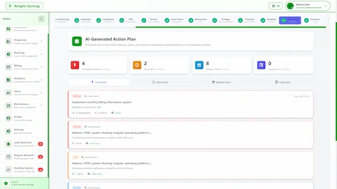 Illustrative preview (sample data, not verified outcomes): AI-Generated Action Plan showing prioritized recommendations across immediate, short-term, and medium-term timeframes with compliance and maintenance items including cost and savings estimates.