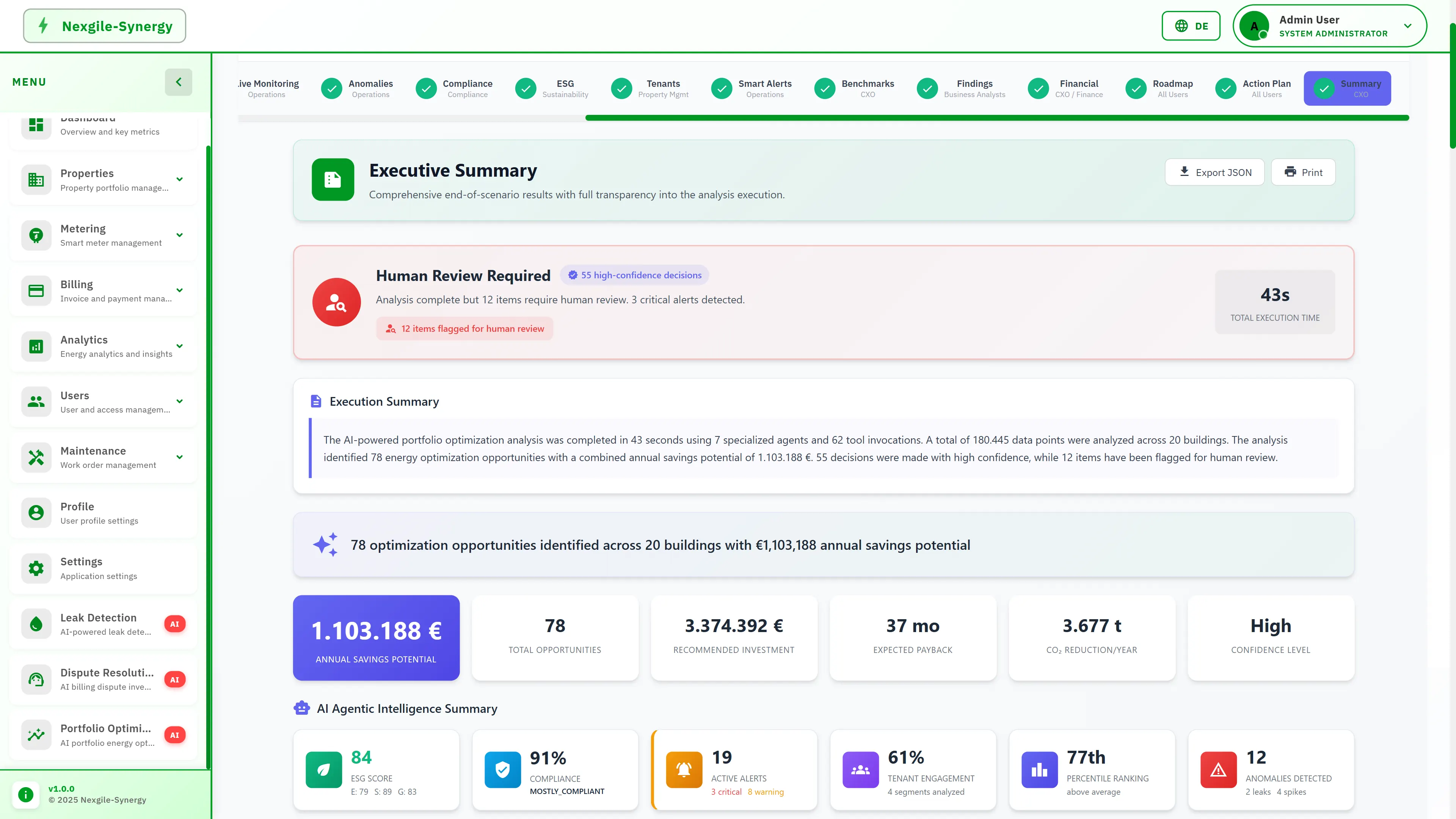Illustrative preview (sample data, not verified outcomes): Executive Summary presenting comprehensive analysis results with €1.1M annual savings potential, 78 optimization opportunities, 3.67t CO2 reduction, ESG score, and tenant engagement metrics.