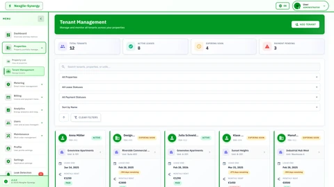 Illustrative preview (sample data, not verified outcomes): Nexgile-Synergy Grid Properties - Tenants Management