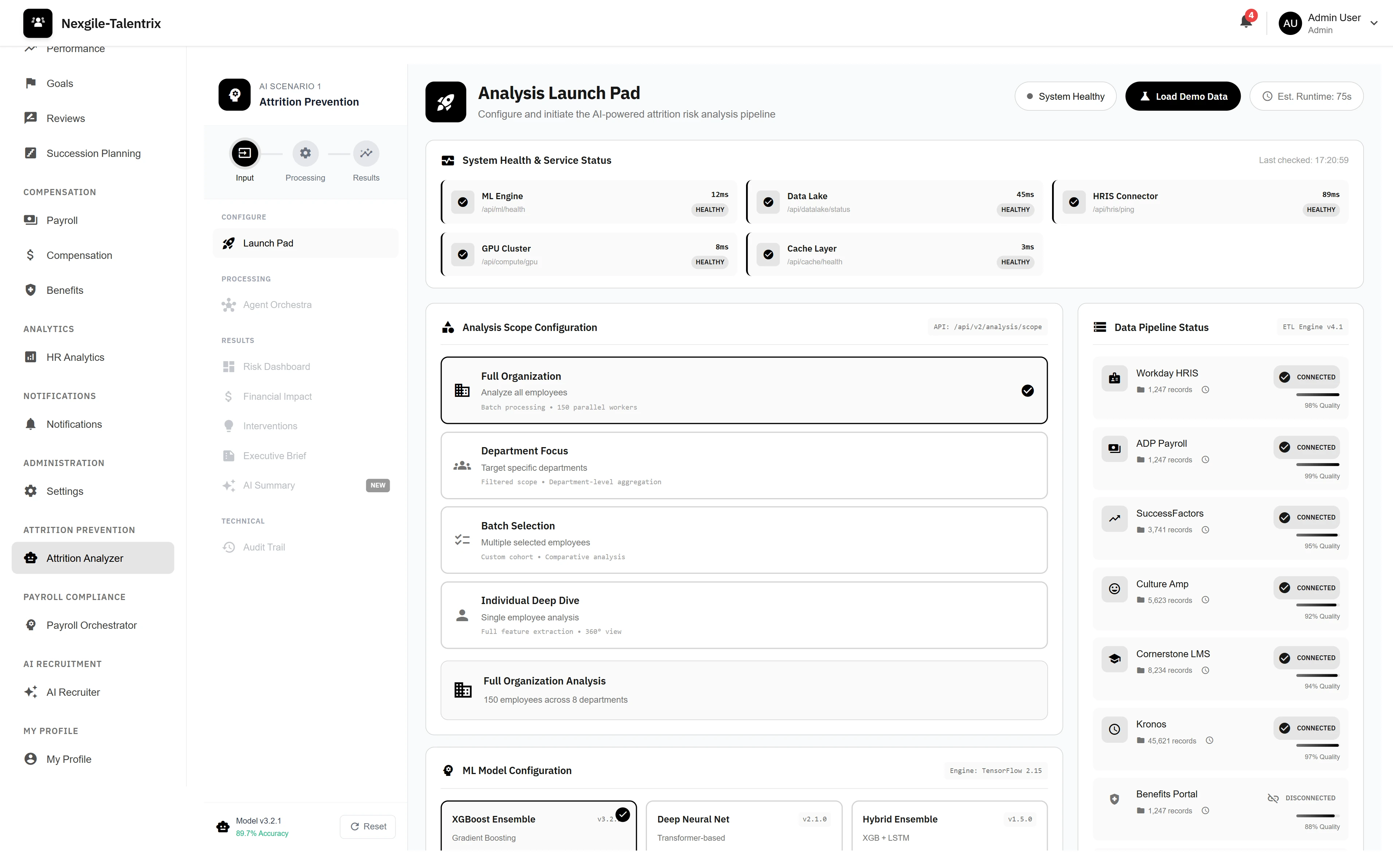 Illustrative preview (sample data, not verified outcomes): Analysis Launch Pad - Configure attrition risk analysis with ML model selection, analysis scope options, and real-time data pipeline status monitoring