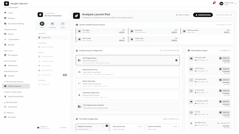 Illustrative preview (sample data, not verified outcomes): Analysis Launch Pad - Configure attrition risk analysis with ML model selection, analysis scope options, and real-time data pipeline status monitoring