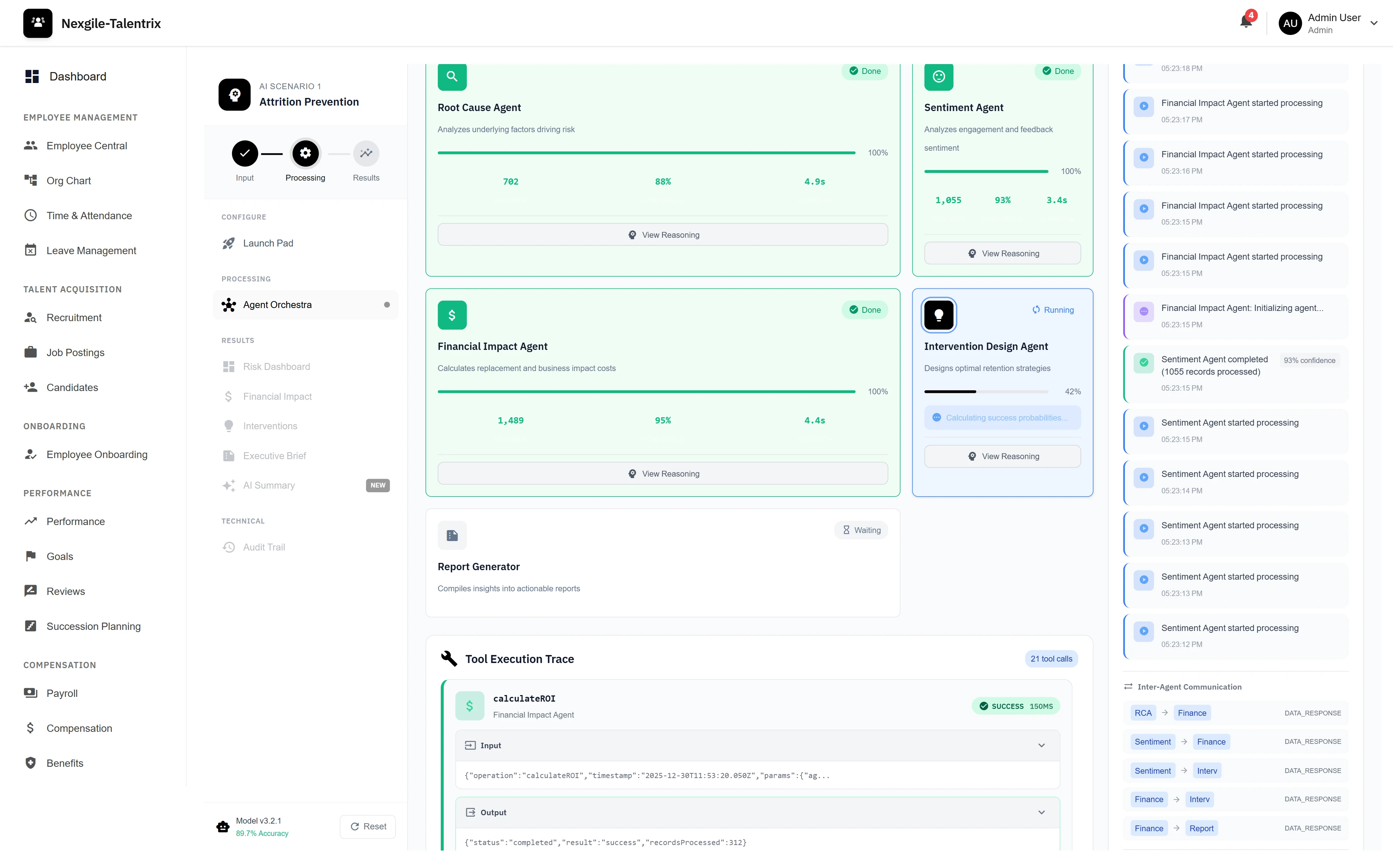 Illustrative preview (sample data, not verified outcomes): Agent Orchestration Dashboard - Multi-agent collaboration showing Root Cause, Sentiment, Financial Impact, and Intervention Design agents with real-time execution trace