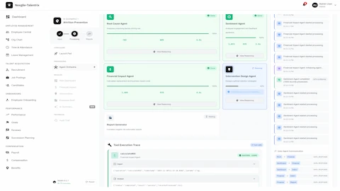 Illustrative preview (sample data, not verified outcomes): Agent Orchestration Dashboard - Multi-agent collaboration showing Root Cause, Sentiment, Financial Impact, and Intervention Design agents with real-time execution trace