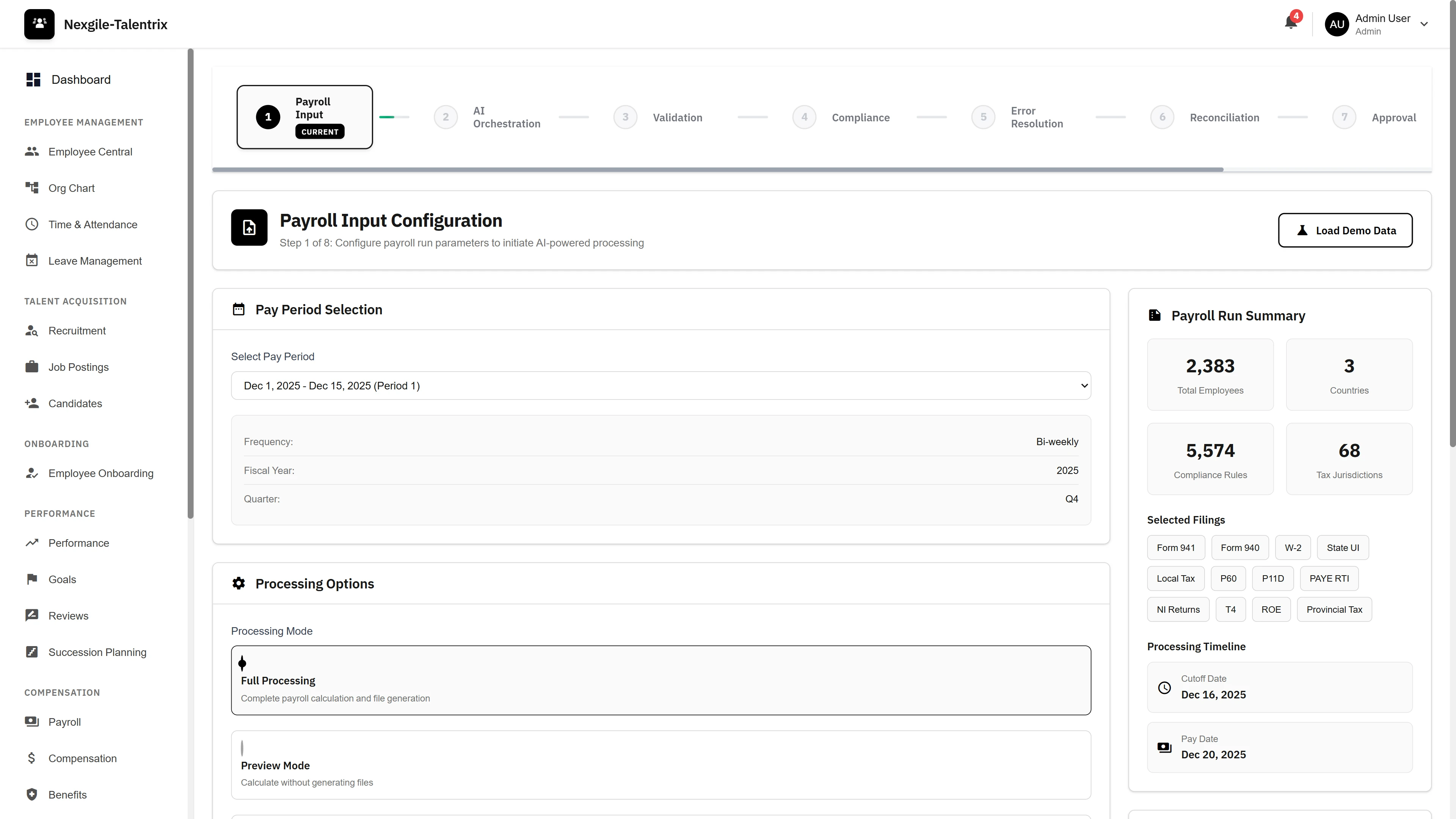 Illustrative preview (sample data, not verified outcomes): Payroll Input Configuration - Pay period selection, processing options, payroll run summary with employee count, compliance rules, and tax jurisdictions