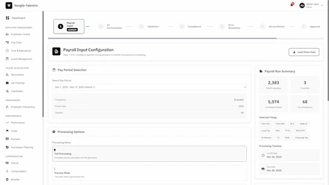 Illustrative preview (sample data, not verified outcomes): Payroll Input Configuration - Pay period selection, processing options, payroll run summary with employee count, compliance rules, and tax jurisdictions