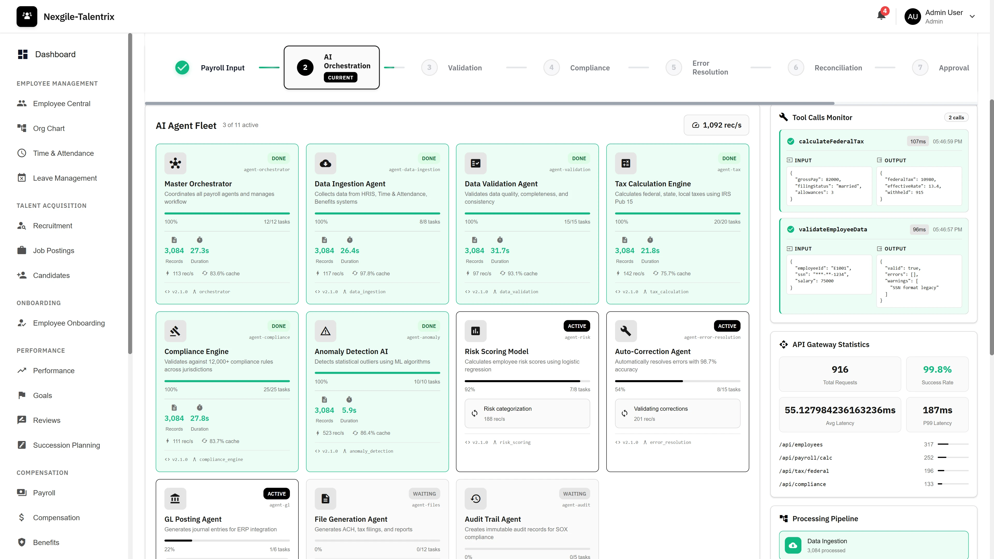 Illustrative preview (sample data, not verified outcomes): AI Agent Fleet - Multi-agent orchestration dashboard showing Master Orchestrator, Data Ingestion, Validation, Tax Calculation, Compliance, and Auto-Correction agents with real-time status