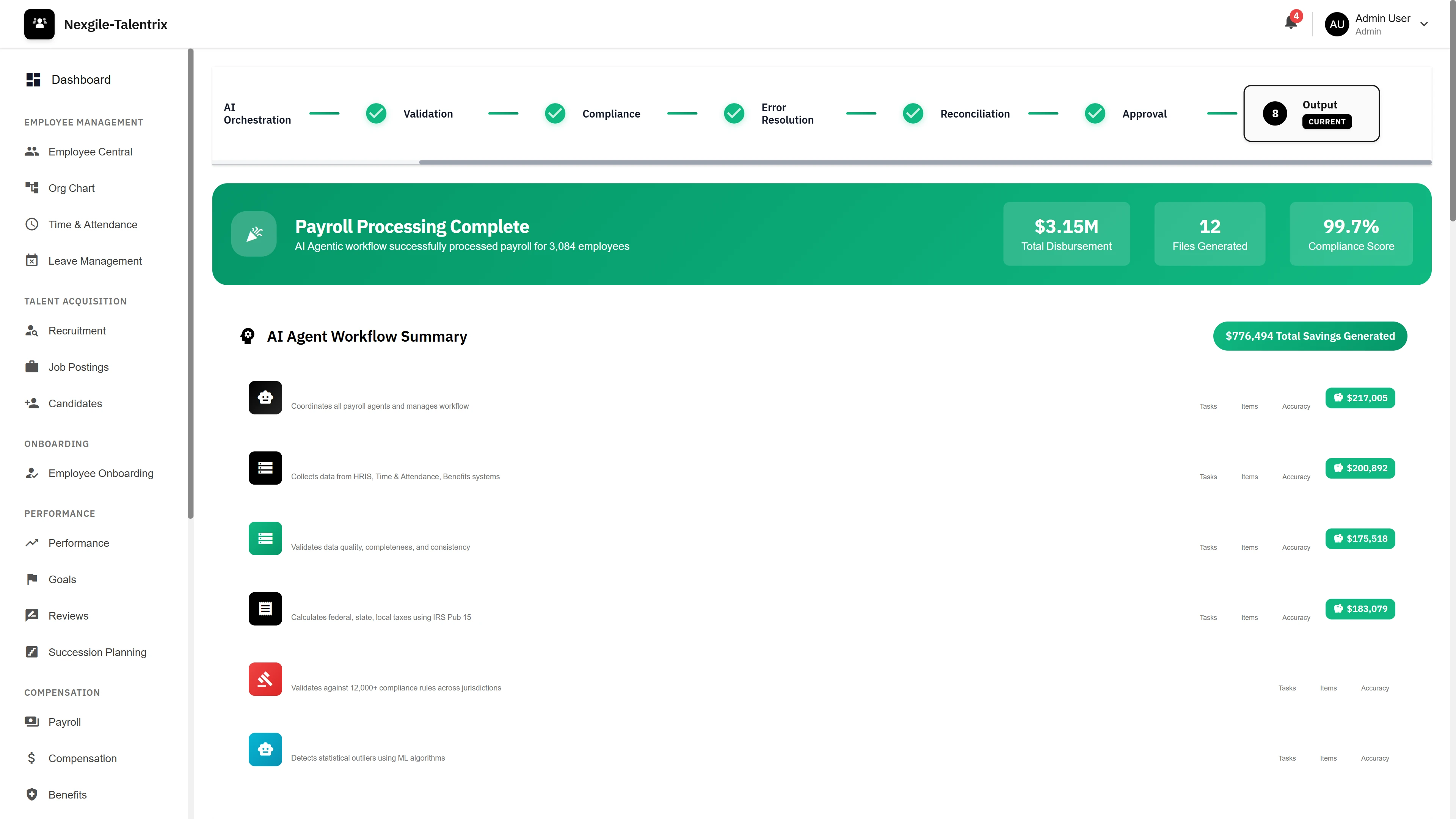 Illustrative preview (sample data, not verified outcomes): Payroll Processing Complete - AI workflow summary showing total disbursement, files generated, compliance score, and agent-by-agent savings breakdown