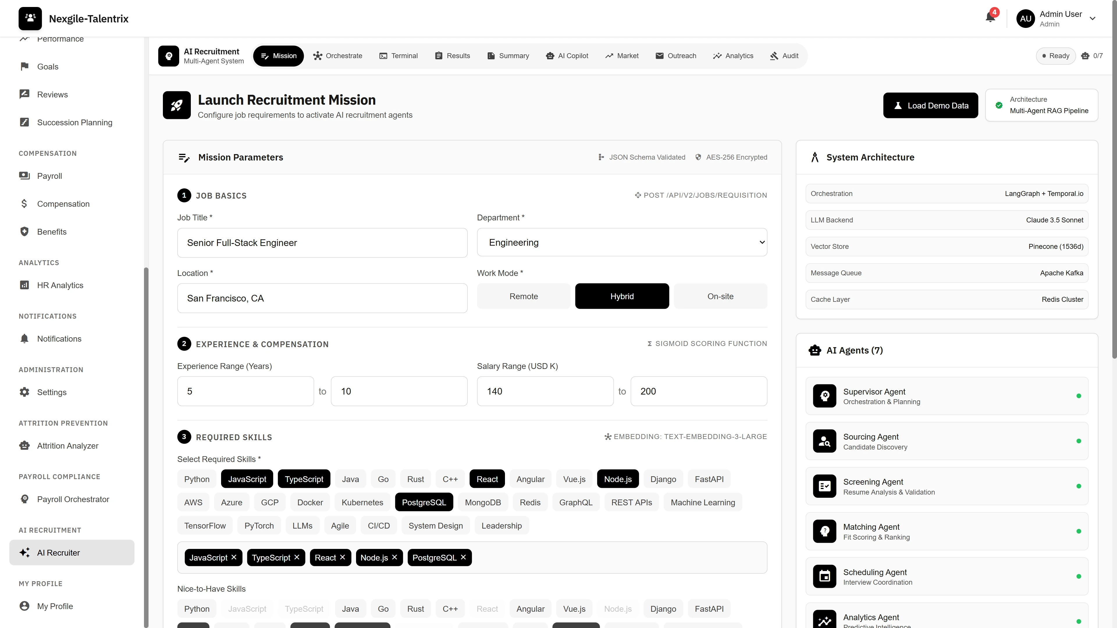 Illustrative preview (sample data, not verified outcomes): Launch Recruitment Mission - Configure job requirements with role details, experience range, salary parameters, required skills selection, and AI agent architecture overview