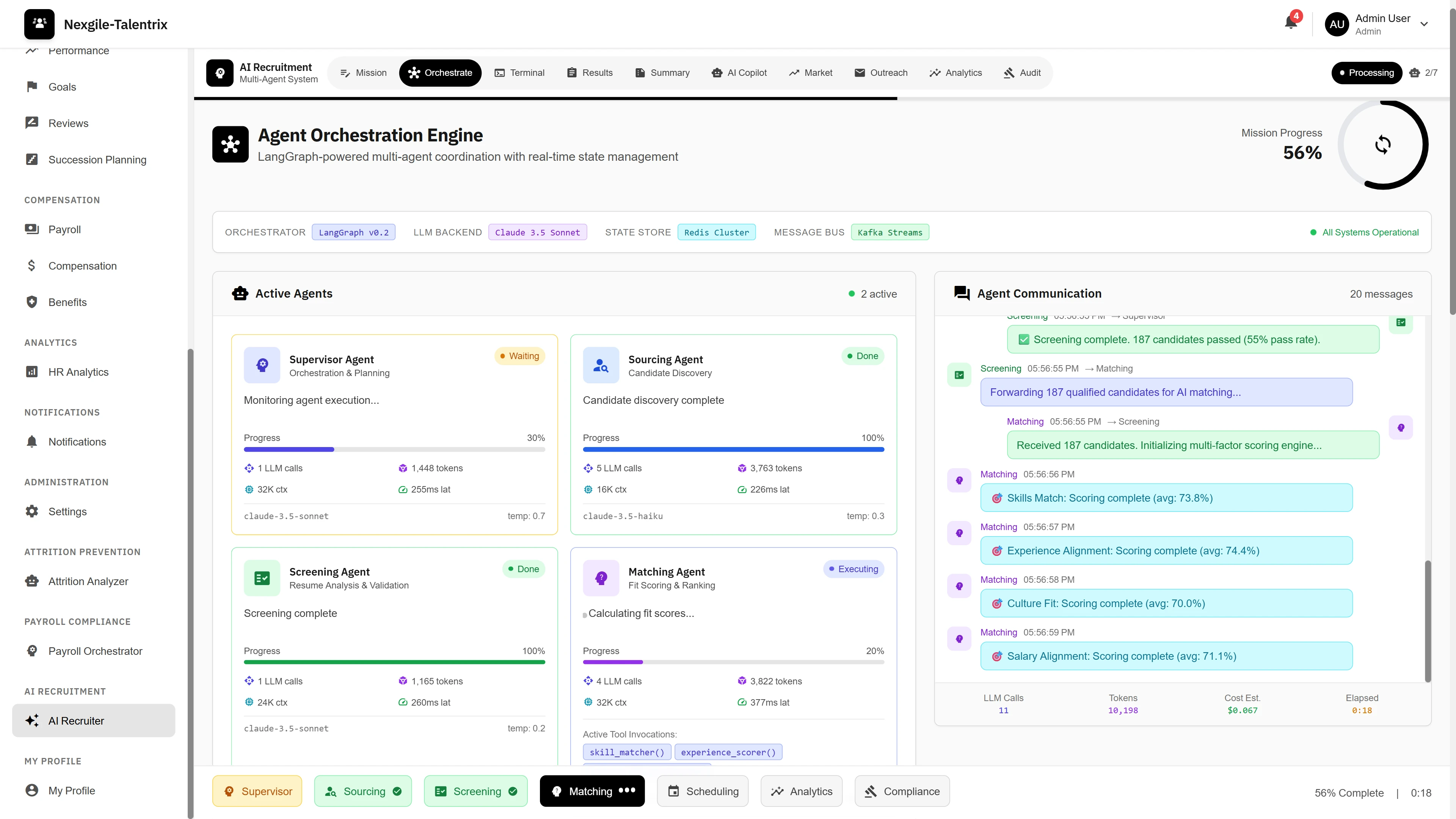 Illustrative preview (sample data, not verified outcomes): Agent Orchestration Engine - Real-time multi-agent coordination showing Supervisor, Sourcing, Screening, and Matching agents with progress tracking and agent communication stream