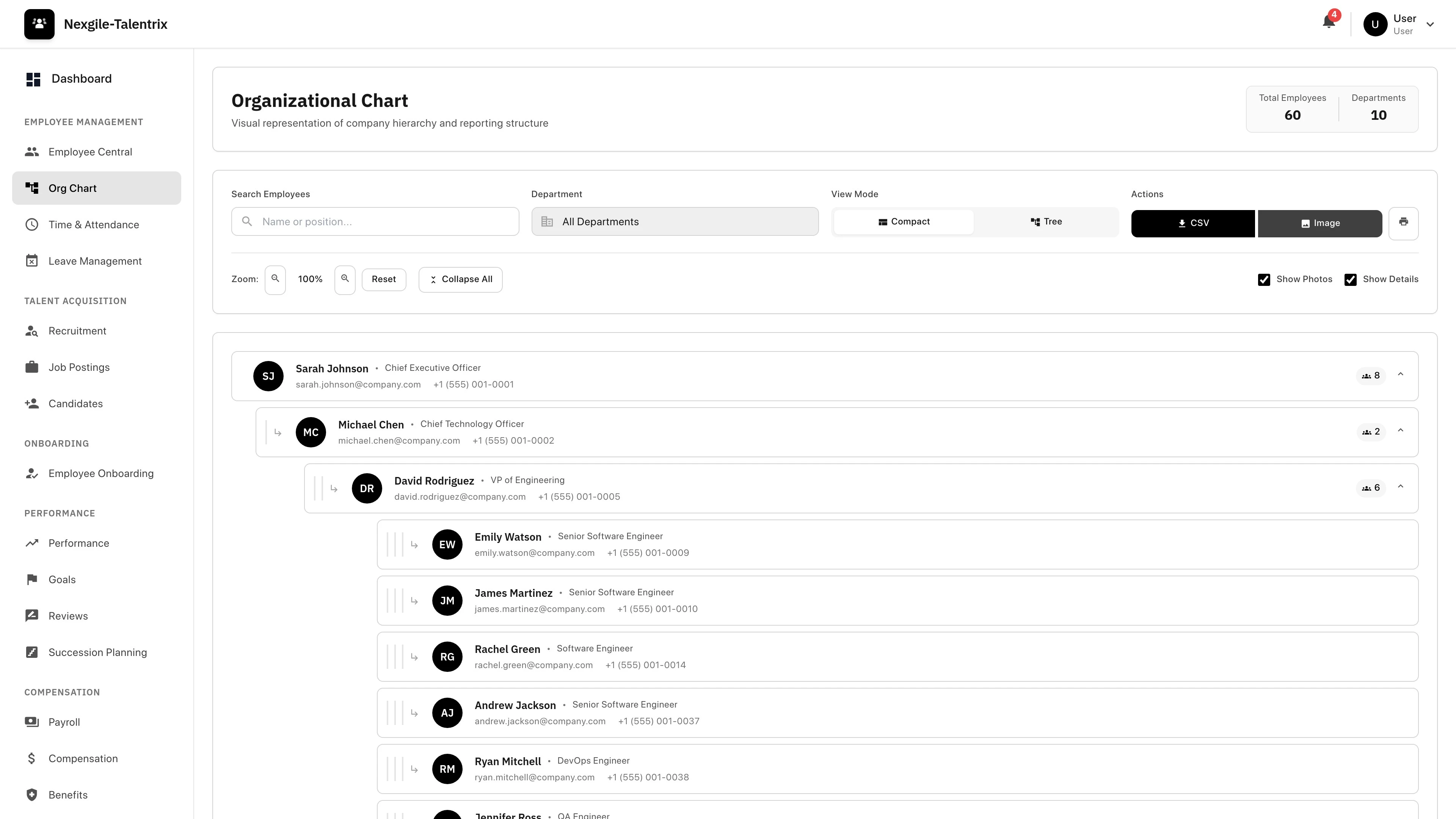 Illustrative preview (sample data, not verified outcomes): Dynamic organizational chart visualization showing real-time hierarchical structure with position management and 360-degree employee visibility