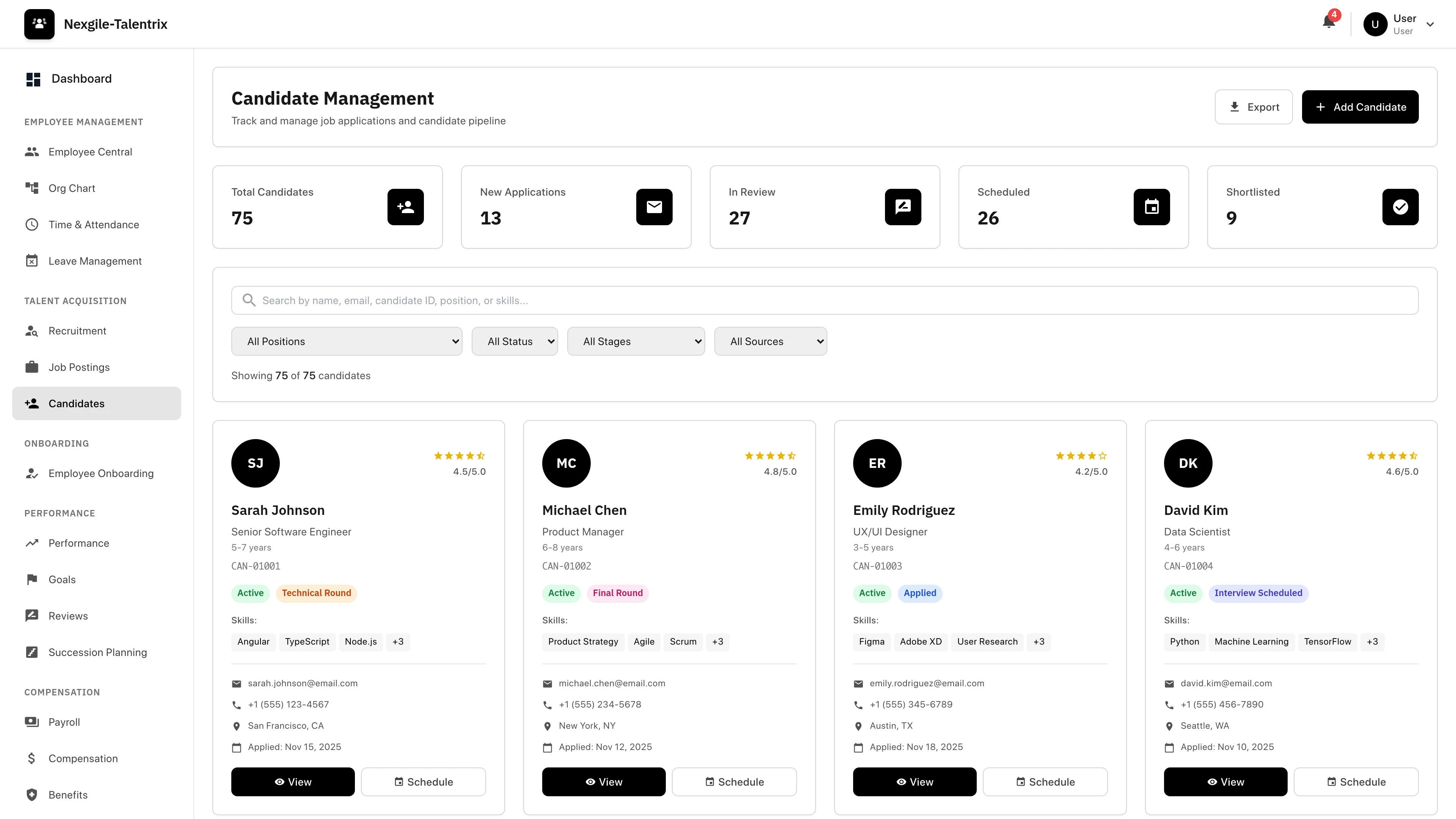 Illustrative preview (sample data, not verified outcomes): Candidates Portal - AI-powered talent acquisition interface with intelligent candidate matching, comprehensive screening workflows, and recruitment analytics